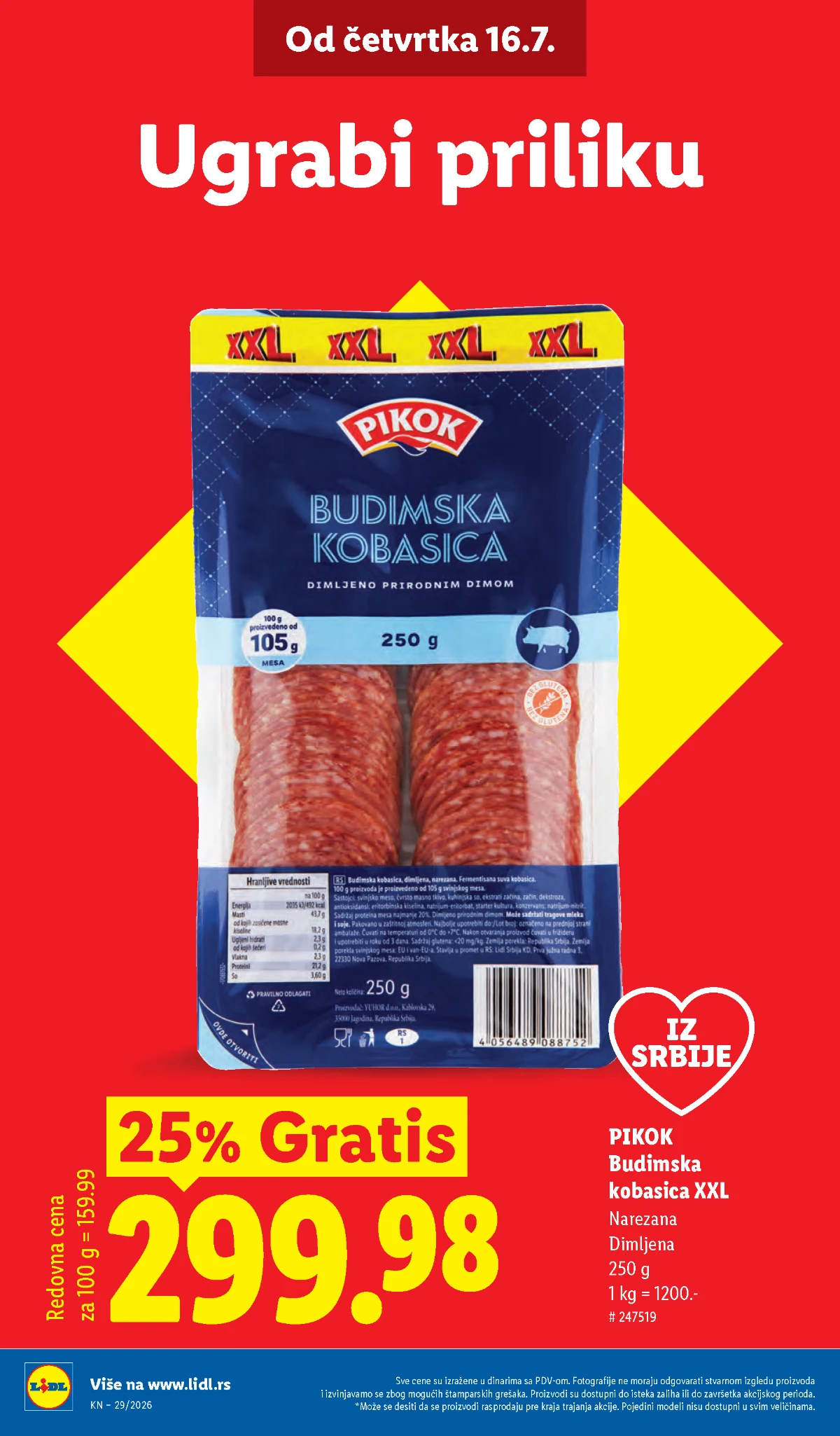 Lidl katalog – Pikok budimska kobasica XXL 250 g uz 25% gratis po ceni od 299,98 dinara