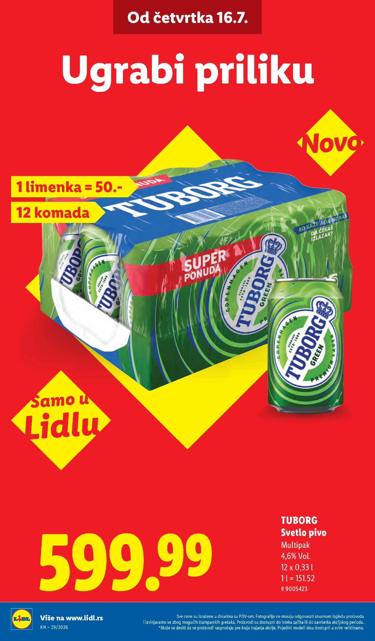 Lidl katalog – Tuborg svetlo pivo 12 puta 0,33 litra po ceni od 599,99 dinara