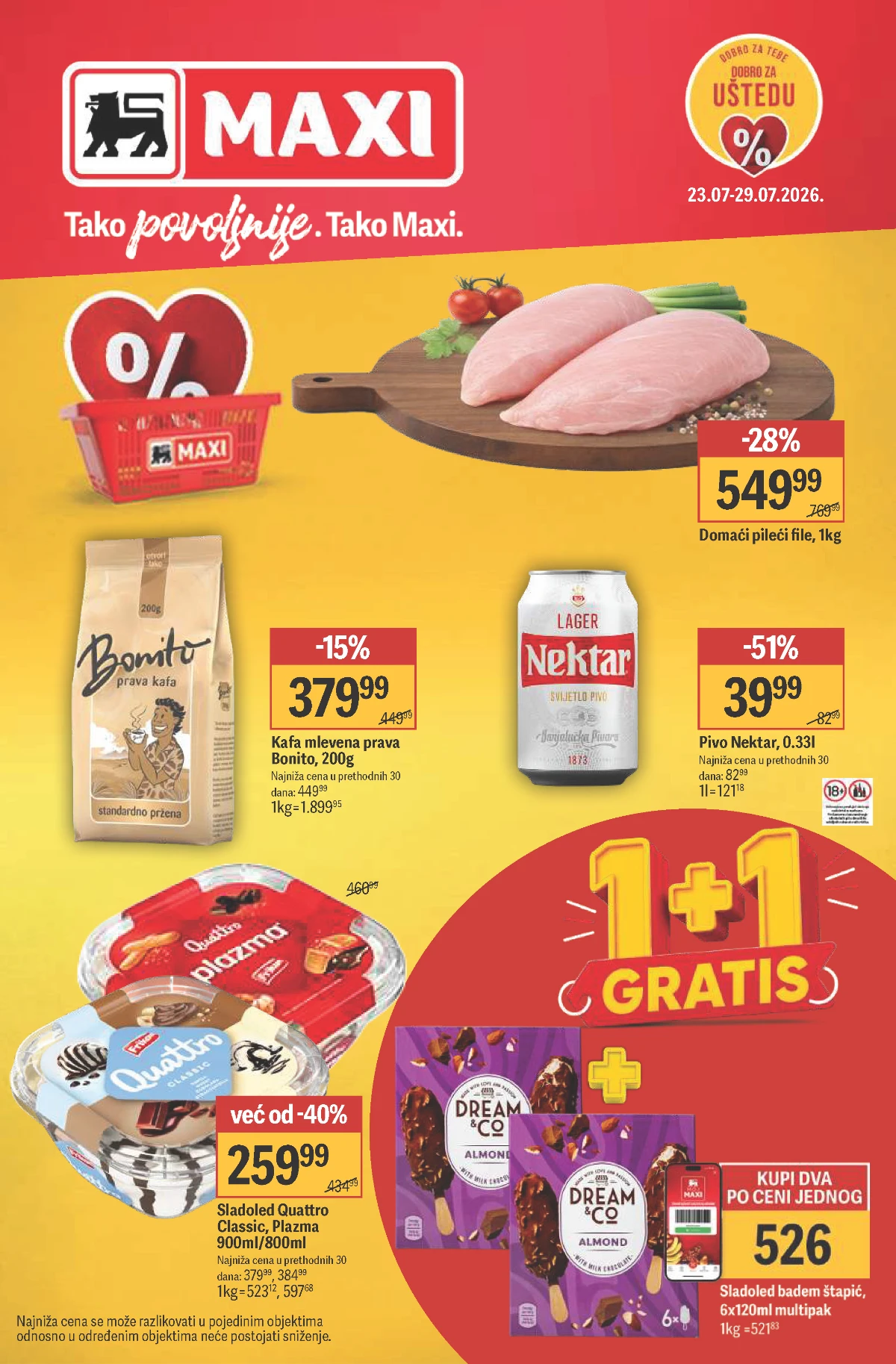 Maxi katalog donosi popuste do 53% na prehranu, sveže meso, voće, povrće, kafu, sladolede i proizvode za svakodnevnu kupovinu.