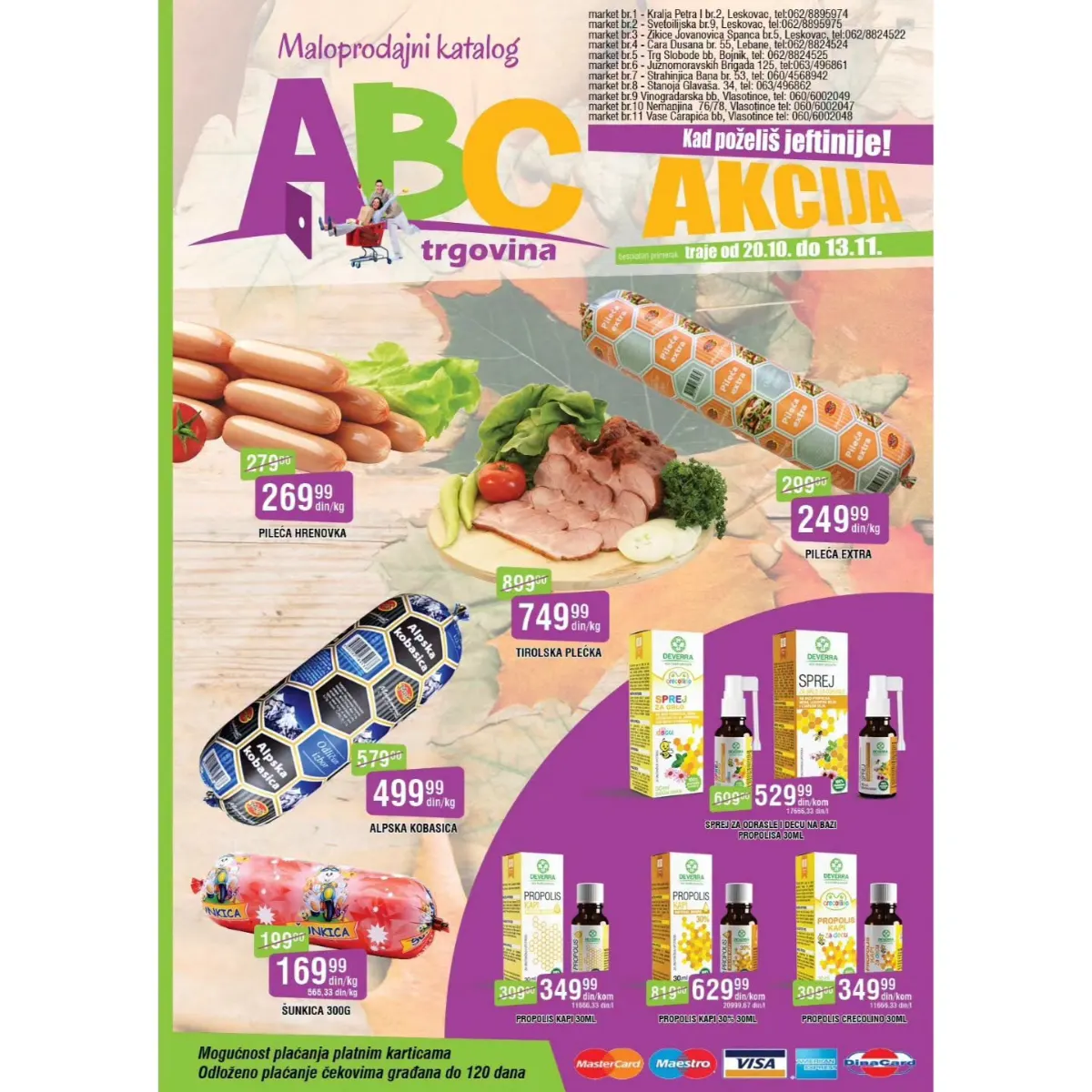 ABC Trgovina katalog 20.10–13.11.2026. – pileća extra 249,99 din/kg, pileća hrenovka 269,99 din/kg, alpska kobasica 499,99 din/kg i druge akcijske ponude