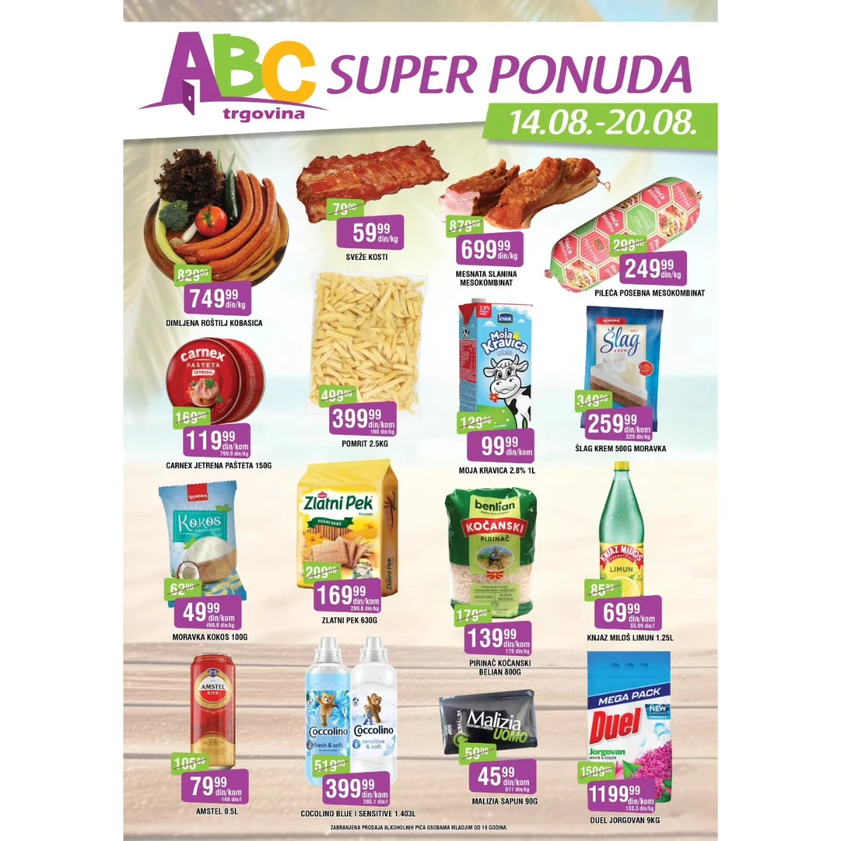 ABC Super ponuda od 14.08. do 20.08.2026. – dimljena roštilj kobasica, sveže kosti, mesnata slanina, pileća posebna, mleko, keks i drugi proizvodi na akciji