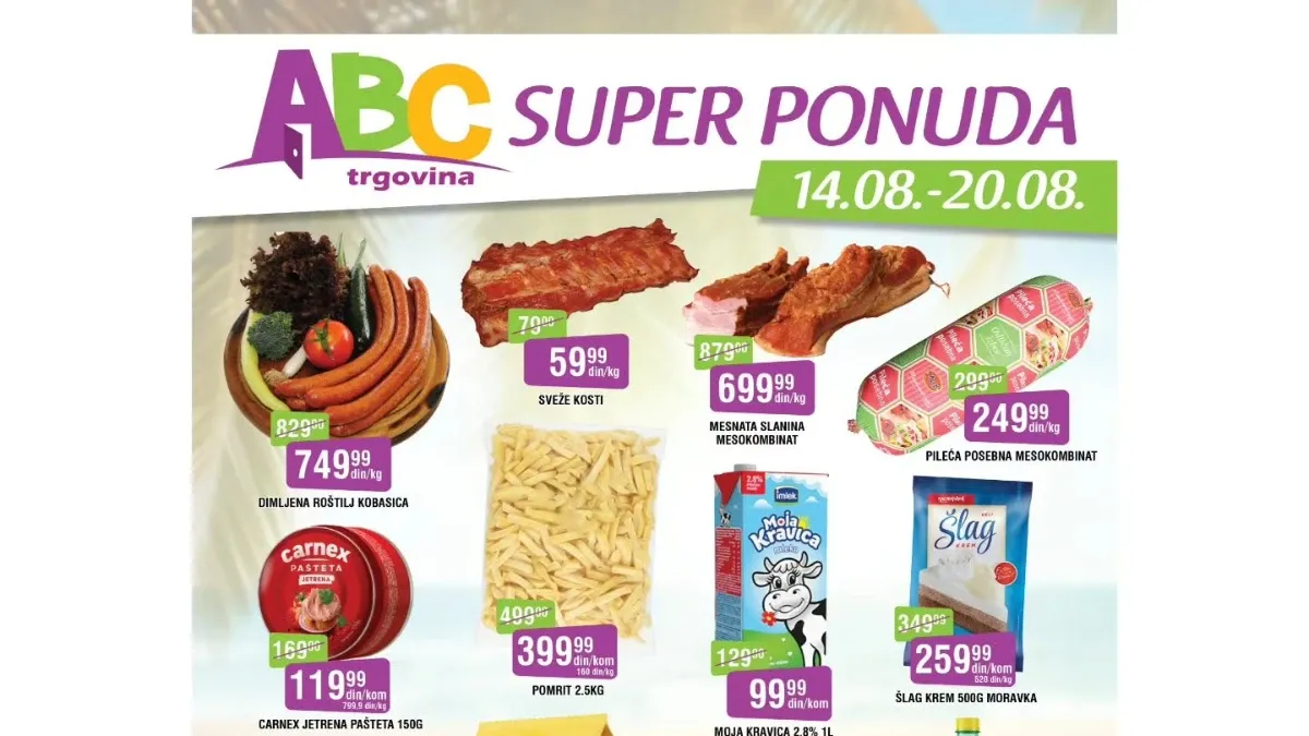 ABC Super ponuda do 20.08.2026. – dimljena roštilj kobasica, sveže kosti, mesnata slanina, pileća posebna, mleko i drugi proizvodi na akciji