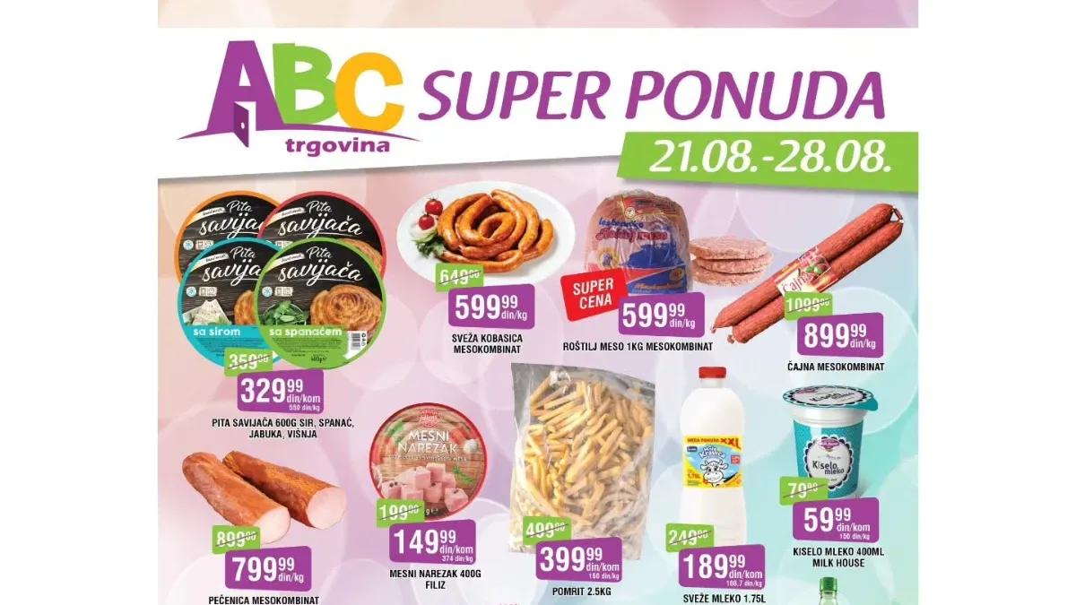 ABC Super ponuda od 21.08. do 28.08.2026. – pita savijača, kobasica, roštilj meso, pečenica, mleko, Pepsi i drugi proizvodi po akcijskim cenama