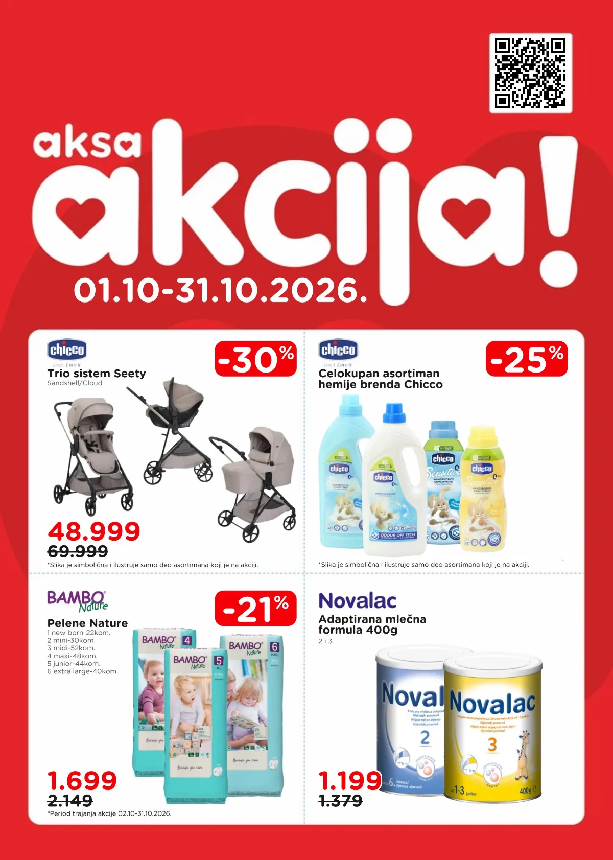 AKSA katalog od 1. do 31.10.2026. – Chicco Trio sistem Seety za 48.999 dinara, Bambo Nature pelene i Novalac mlečna formula