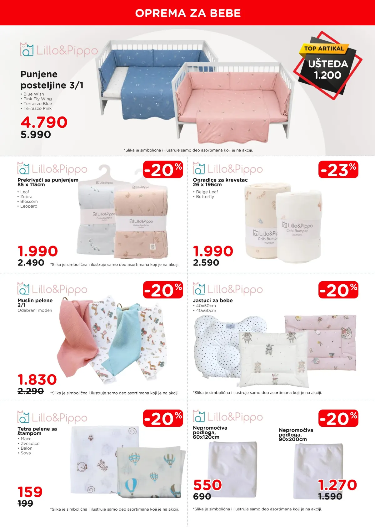 AKSA katalog, strana 4 – Lillo i Pippo punjene posteljine, prekrivači, muslin i tetra pelene i nepromočive podloge
