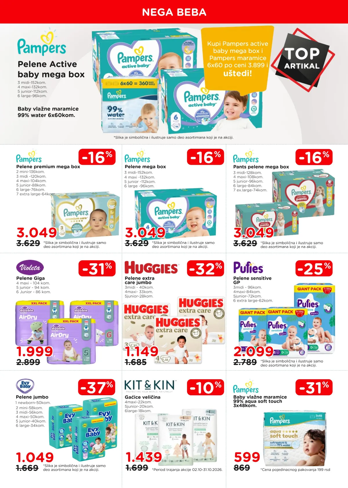 AKSA katalog, strana 8 – Pampers paket pelena i maramica, Violeta, Huggies, Pufies, Evy Baby i Kit i Kin pelene