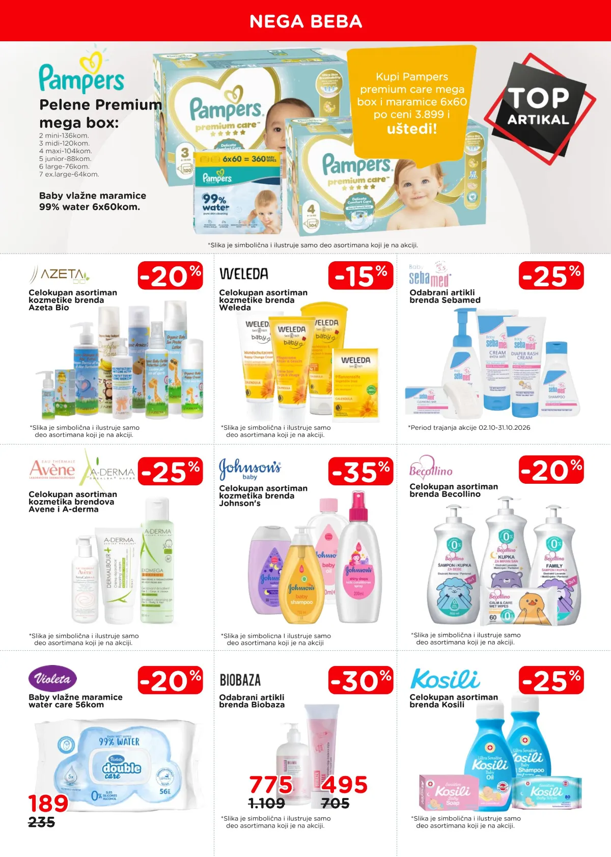 AKSA katalog, strana 9 – Pampers Premium Care paket, Azeta Bio, Weleda, Sebamed, Johnson's, Becollino i Kosili kozmetika