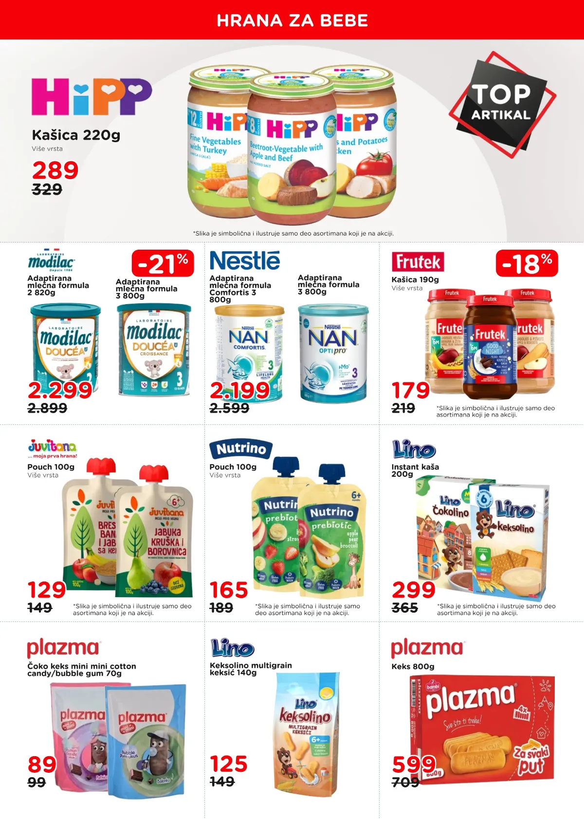 AKSA katalog, strana 10 – HiPP i Frutek kašice, Modilac i Nestle mlečne formule, Juvitana, Nutrino, Lino i Plazma