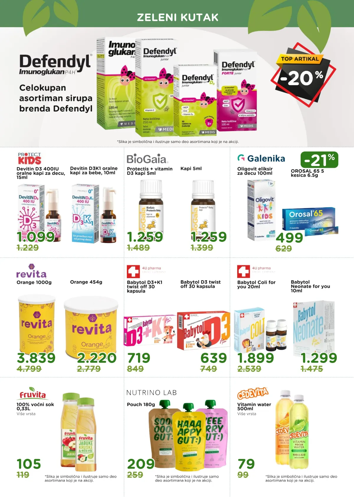 AKSA katalog, strana 11 – Defendyl, BioGaia, Galenika, Revita i Babytol proizvodi, Fruvita sok i Nutrino Lab