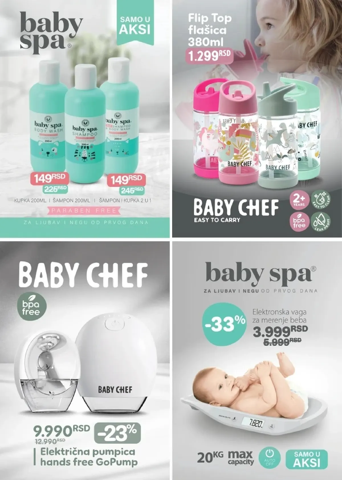 AKSA katalog, strana 13 – Baby Spa kupka, šampon i vaga za bebe, Baby Chef Flip Top flašica i GoPump pumpica