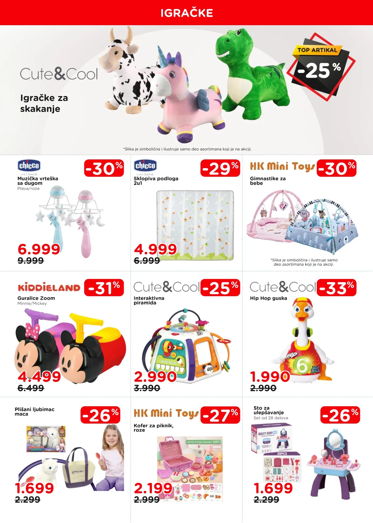 AKSA katalog, strana 14 – Cute i Cool igračke, Chicco muzička vrteška i podloga, Kiddieland guralice i HK Mini Toys setovi