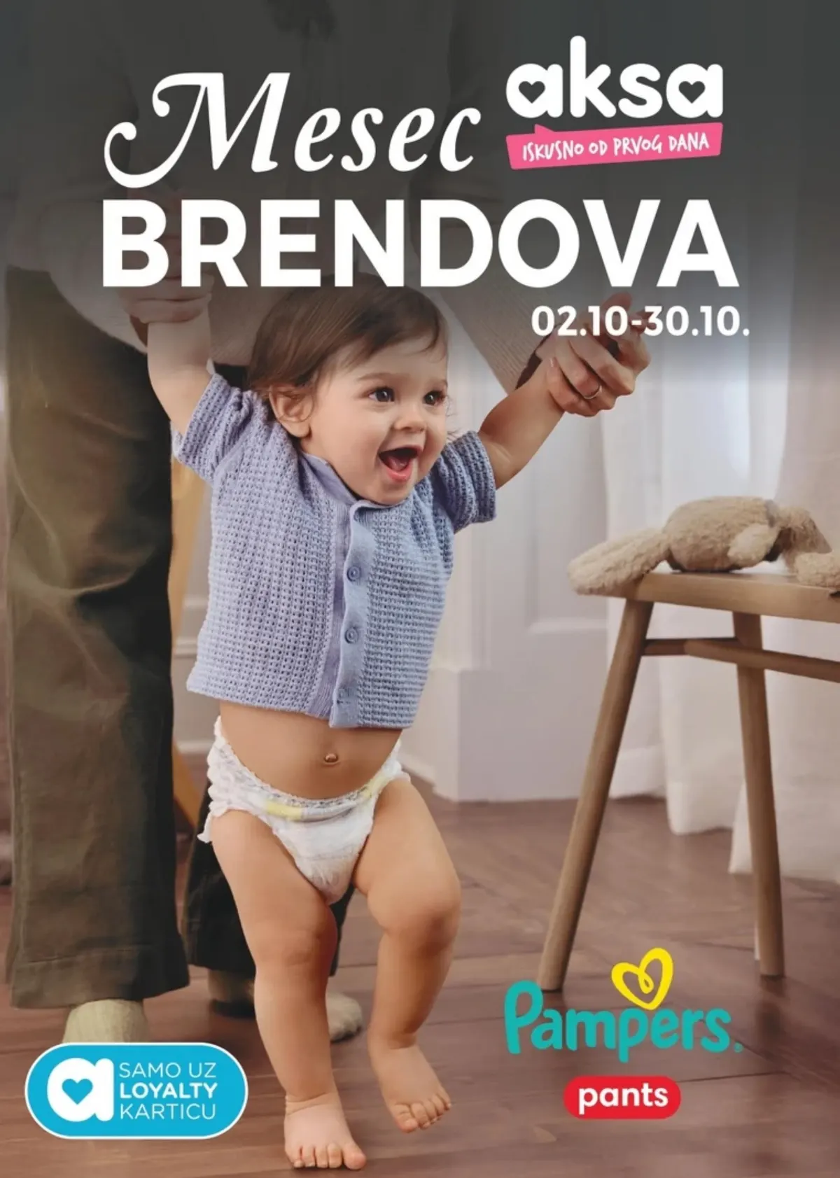 AKSA Mesec brendova od 2. do 30.10.2026. – naslovna strana kataloga sa Pampers Pants pelenama i akcijama uz loyalty karticu