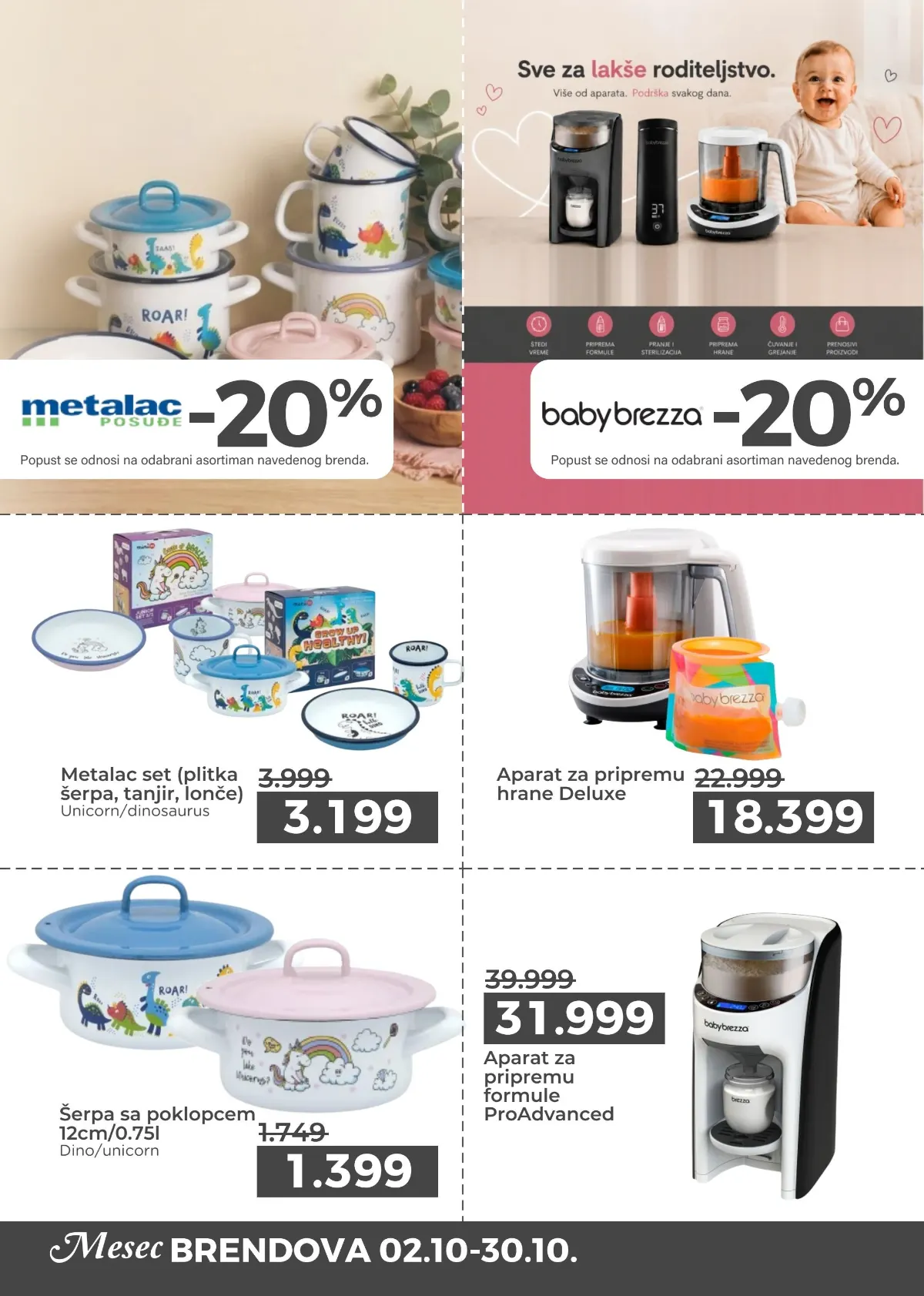 Metalac dečji set posuđa 3.199 din i Baby Brezza aparat za pripremu hrane Deluxe 18.399 din