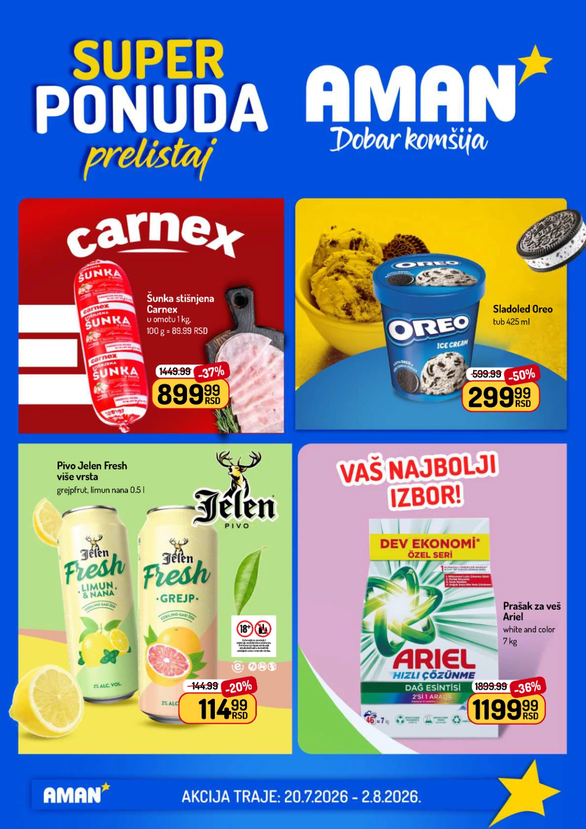 Aman katalog sa popustima do 50% na sladoled Oreo, Carnex šunku, Ariel prašak za veš i Jelen Fresh pivo do 02.08.2026.