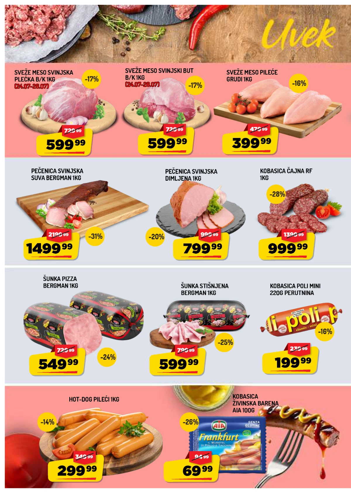Aman katalog strana 2 – akcijske cene svežeg mesa, kobasica, šunke i suhomesnatih proizvoda.