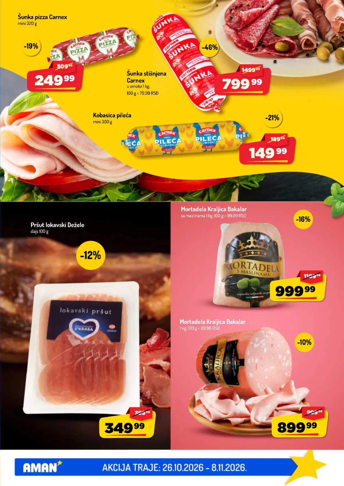 AMAN katalog strana 7 – Carnex šunka stišnjena 799,99 dinara uz popust 46%, kobasice i mortadela