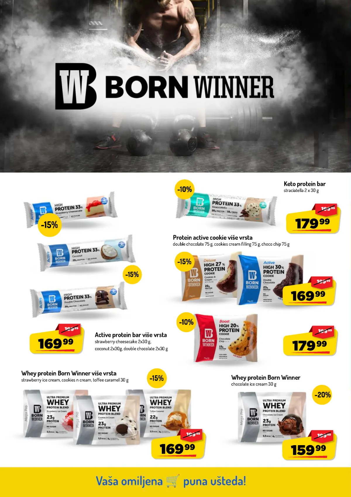 AMAN katalog strana 20 – Born Winner proteinske pločice, keksi, whey protein i keto užine