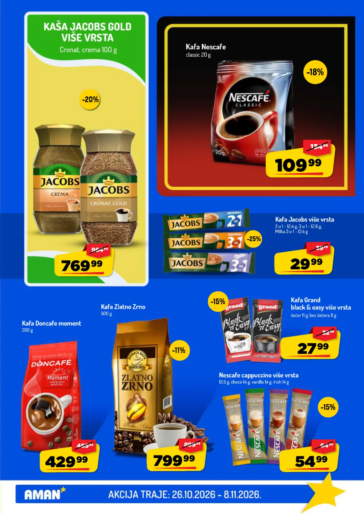AMAN katalog strana 23 – Jacobs Gold, Nescafe Classic, Doncafe Moment, Grand i Zlatno Zrno kafa