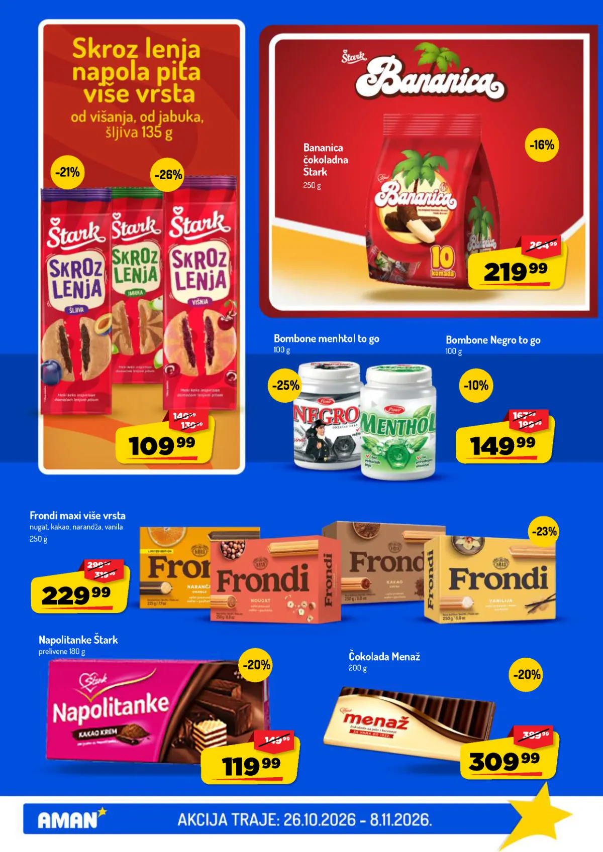 AMAN katalog strana 29 – Štark bananica, Menaž čokolada, Negro bombone, Frondi i napolitanke