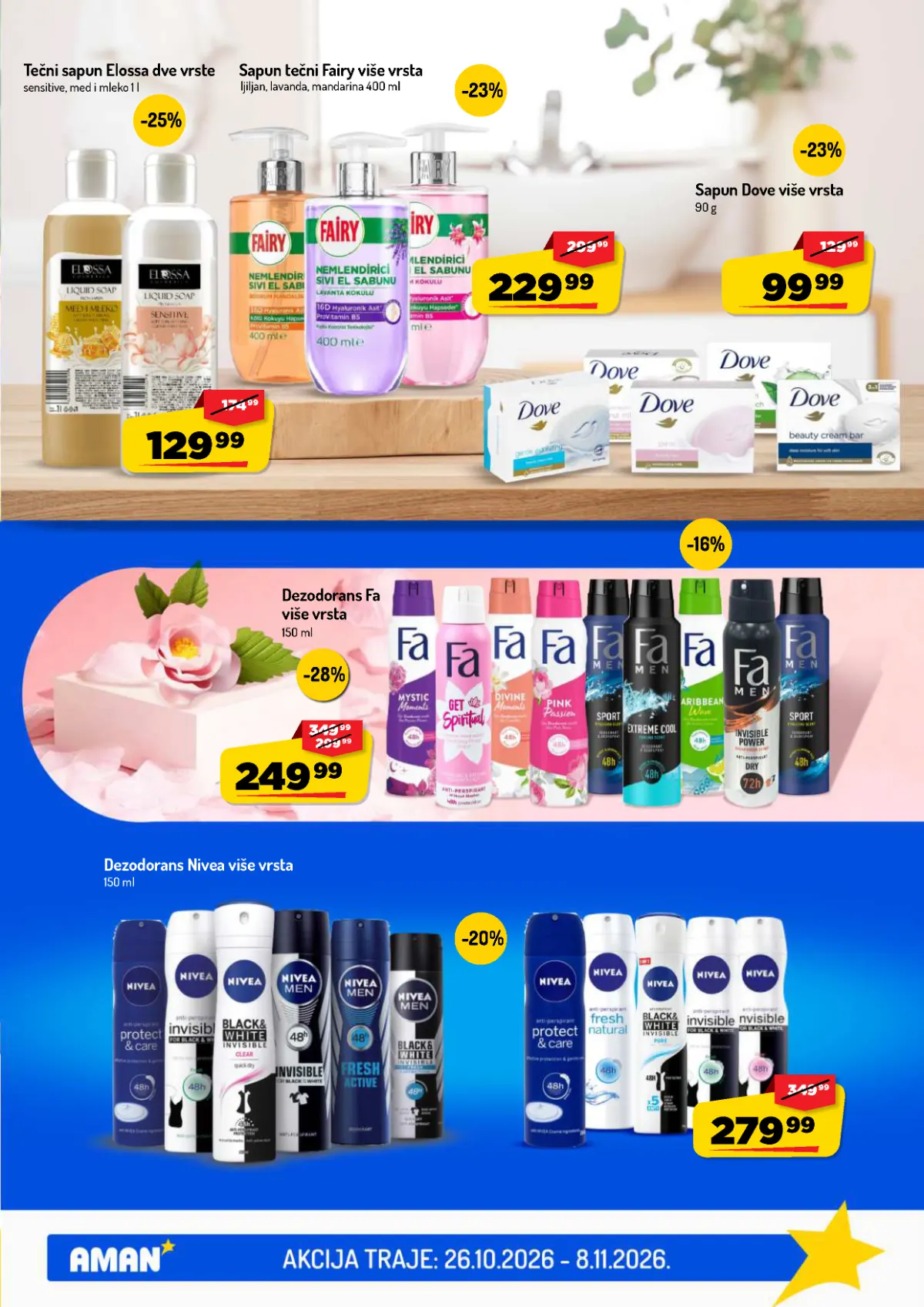 AMAN katalog strana 35 – Dove sapuni, Elossa i Fairy tečni sapuni, Fa i Nivea dezodoransi