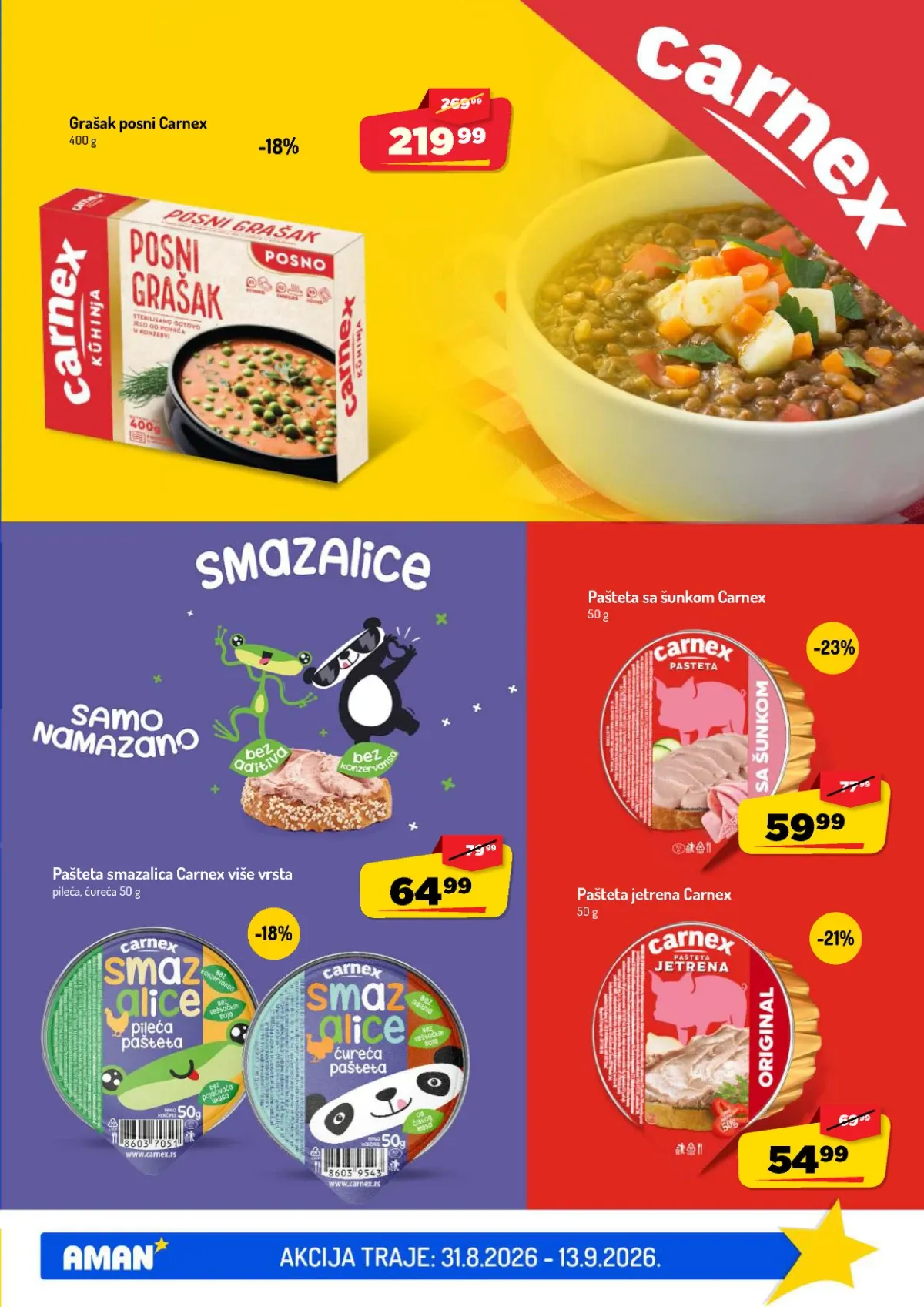 AMAN katalog do 13.09.2026. – Carnex pašteta sa šunkom i jetrena pašteta na akciji