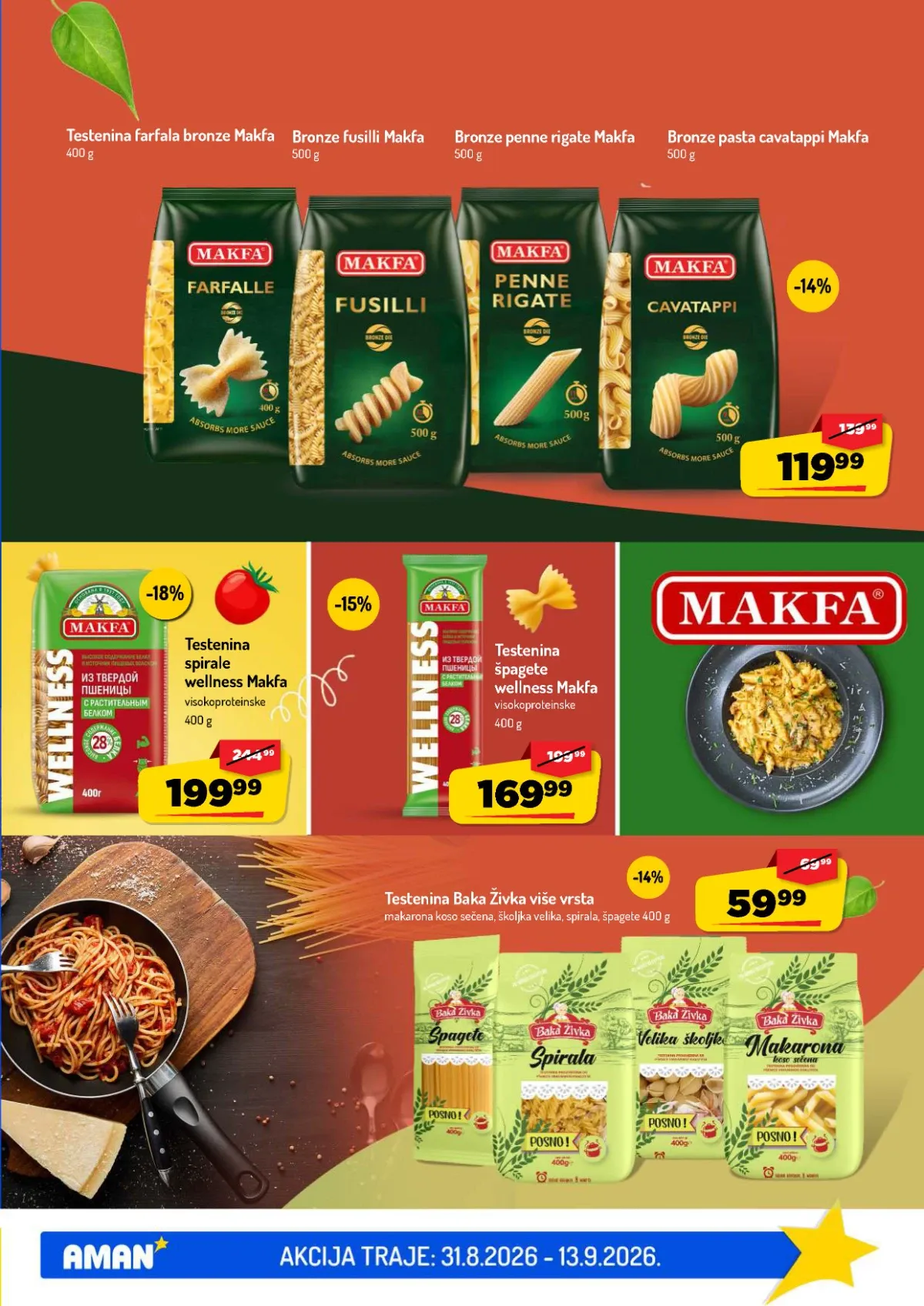 AMAN katalog do 13.09.2026. – Makfa visokoproteinska testenina i Baka Živka testenina na akciji