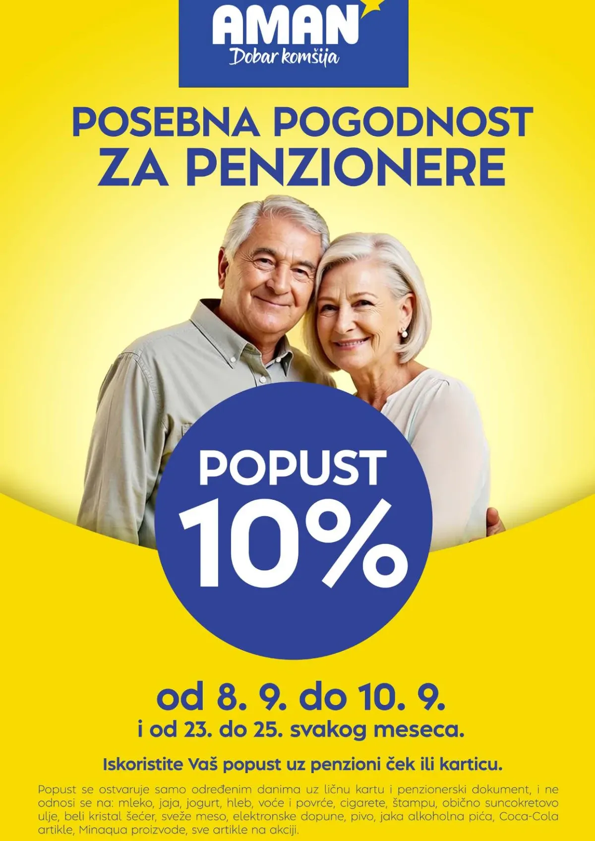 AMAN pogodnost za penzionere – popust 10% od 8. do 10. septembra i od 23. do 25. svakog meseca