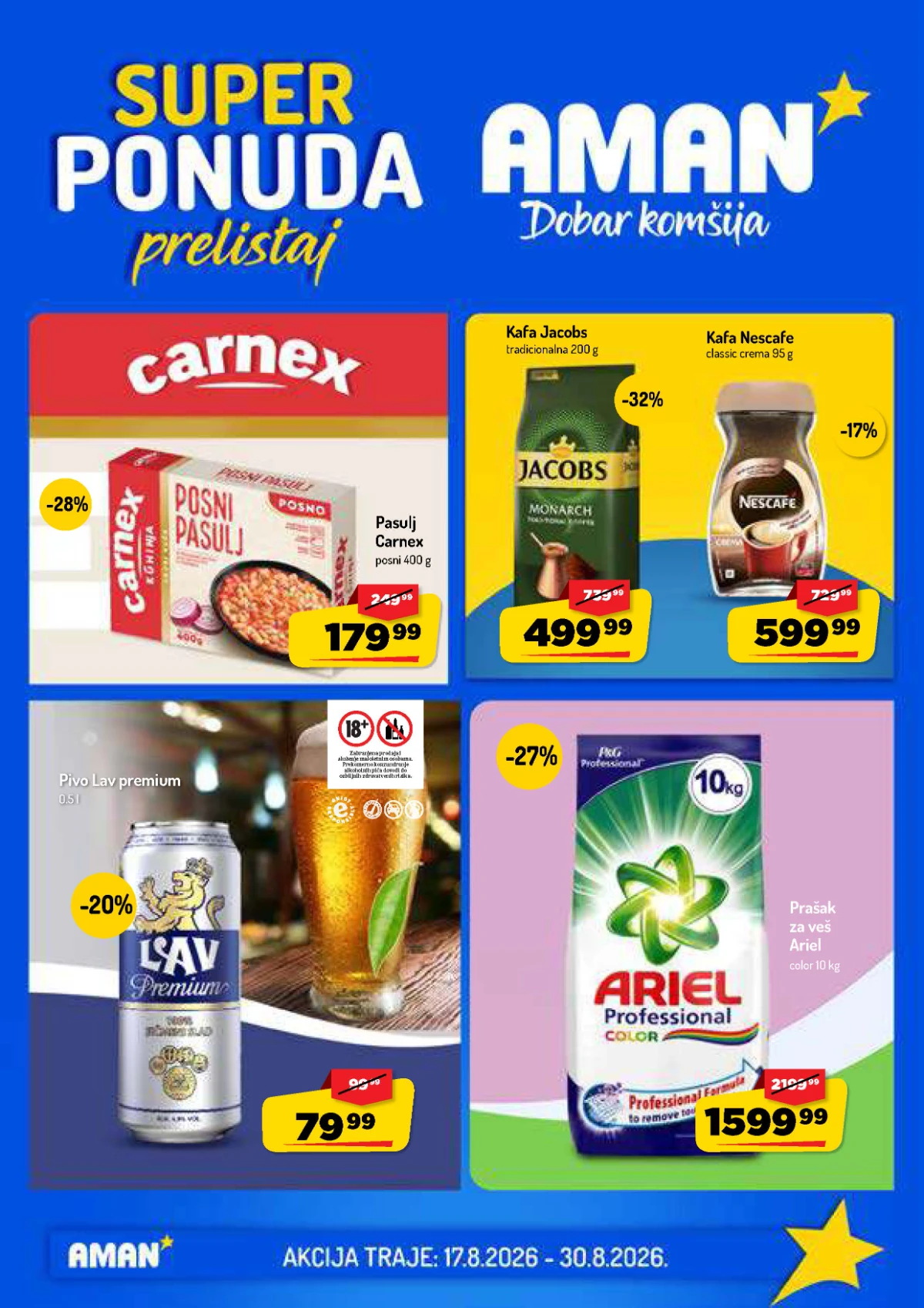 AMAN katalog od 17.08. do 30.08.2026. – akcijske cene hrane, pića, kućne hemije i drugih proizvoda uz popuste do 40%