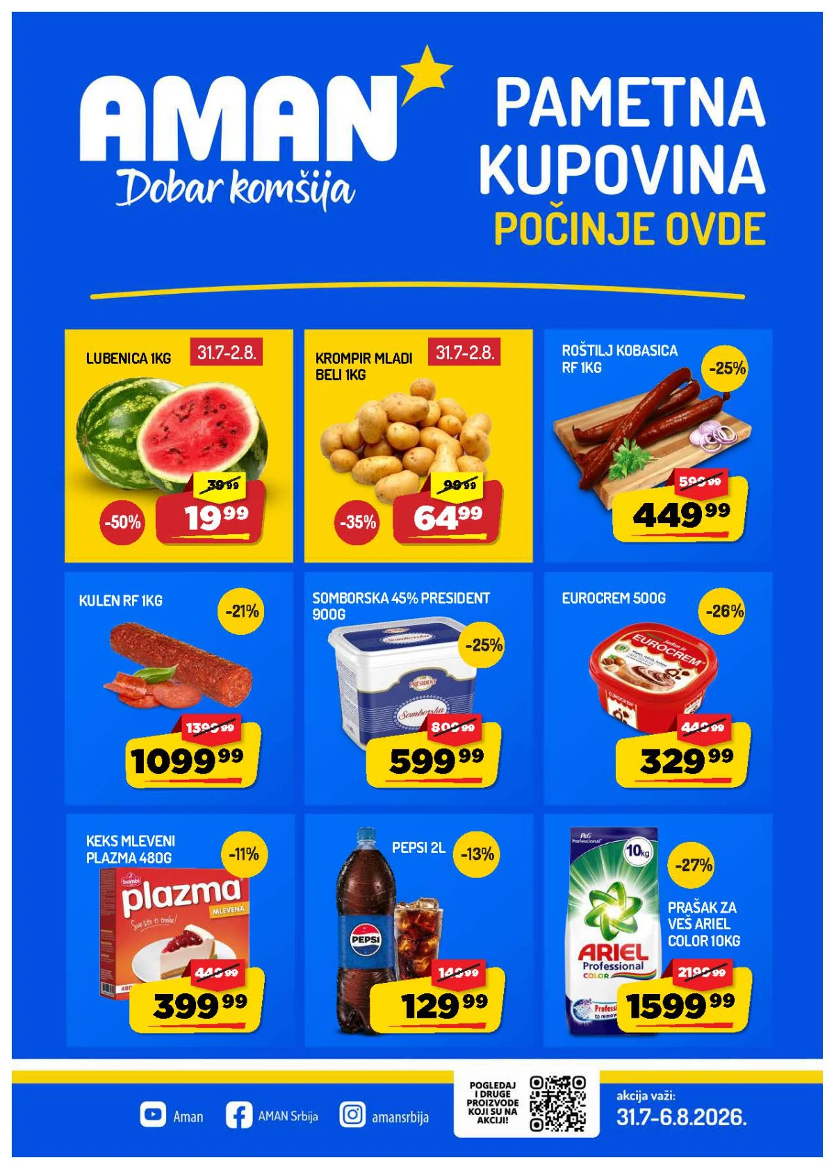 Nova AMAN akcija do 06.08.2026. – popusti do 60% na hranu, piće, meso, kućnu hemiju i proizvode za domaćinstvo.