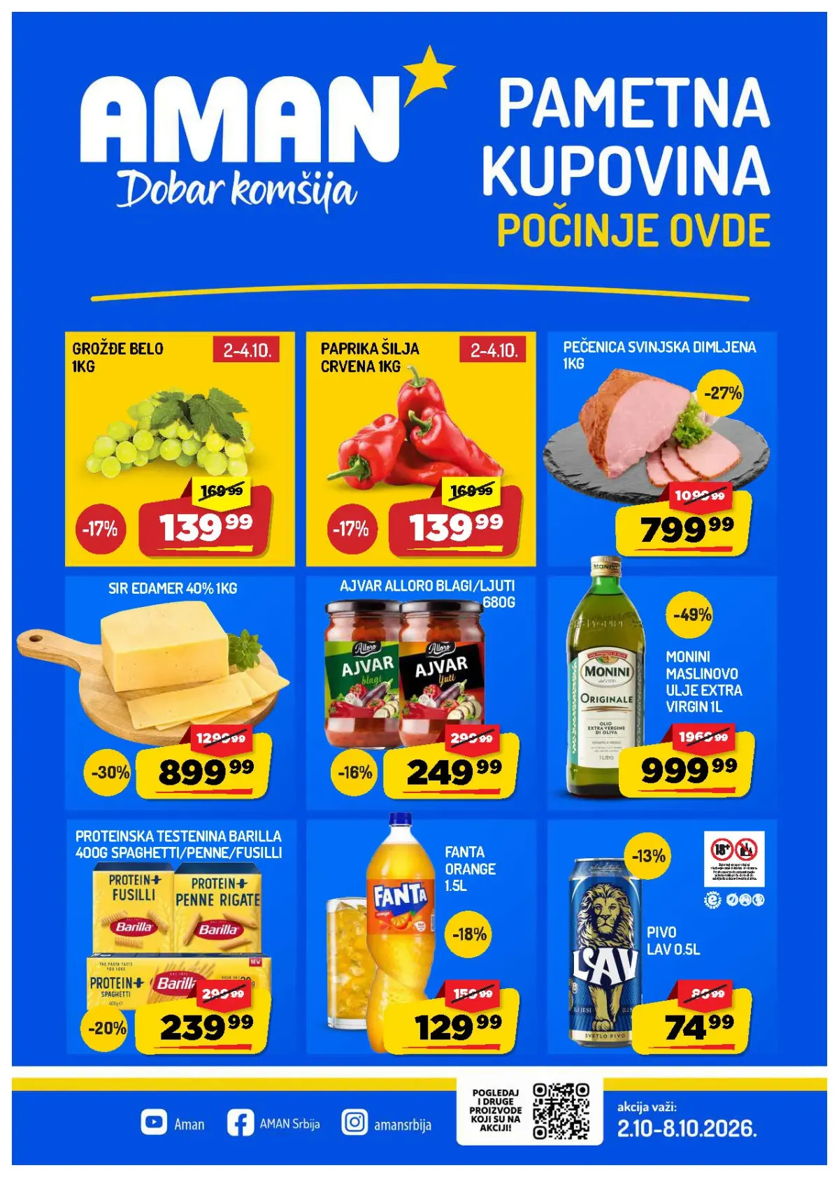 AMAN katalog od 02. do 08.10.2026. – hrana, piće, meso, mlečni proizvodi, slatkiši i kućna hemija uz popuste do 50%
