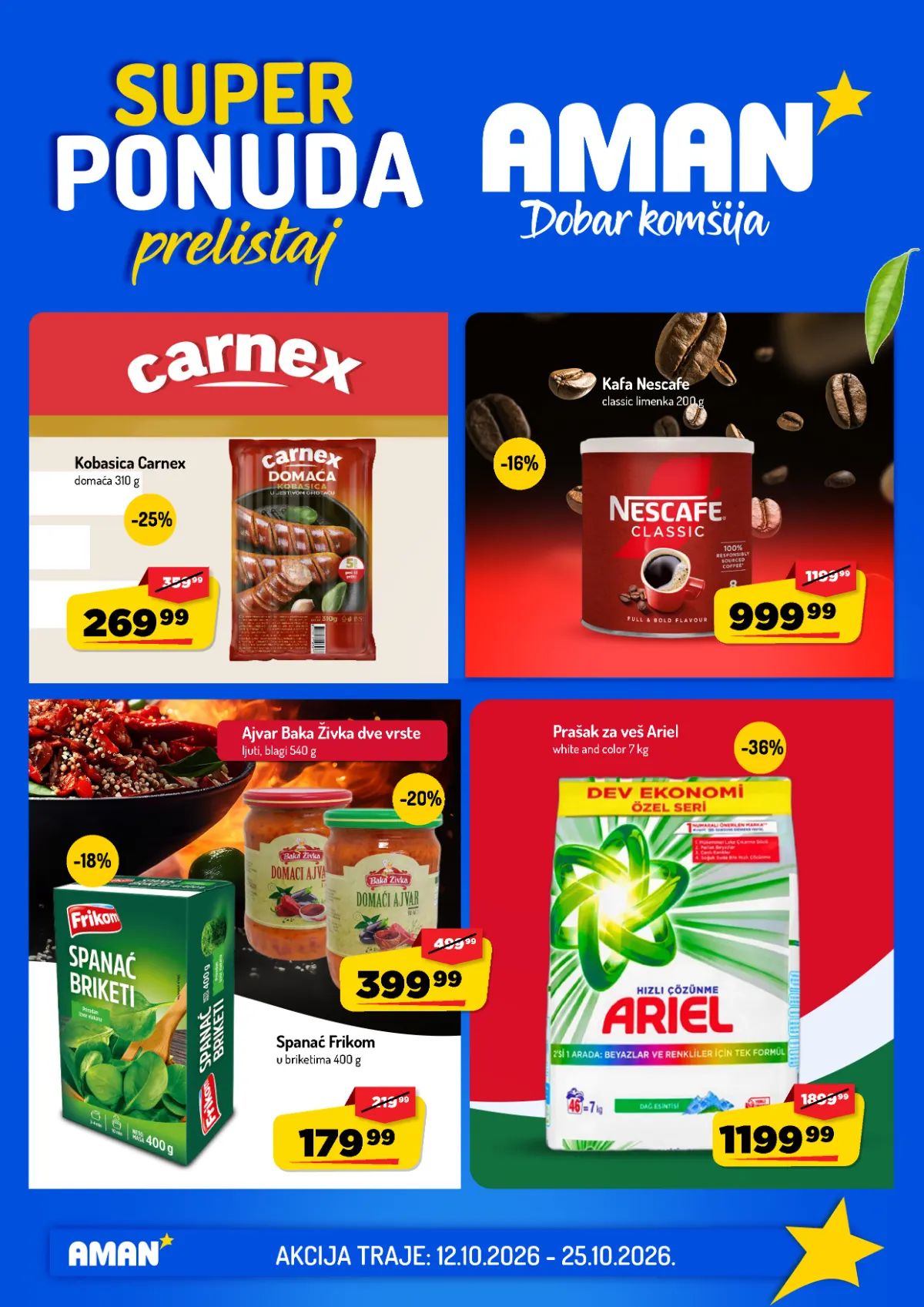 AMAN katalog od 12. do 25.10.2026. – Carnex domaća kobasica 269,99 dinara, Nescafé Classic 999,99 dinara i Ariel 7 kg 1.199,99 dinara