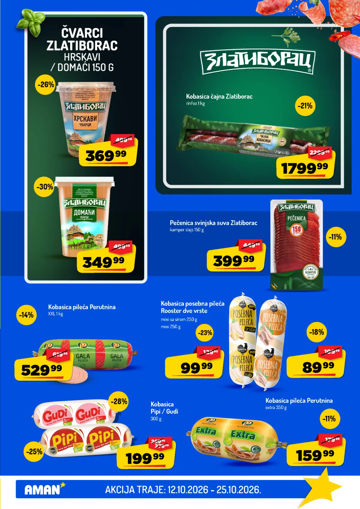 AMAN katalog do 25.10.2026. – kobasice i pečenica AMAN katalog, strana 3 – Zlatiborac čajna kobasica i pečenica, Perutnina i Rooster kobasice