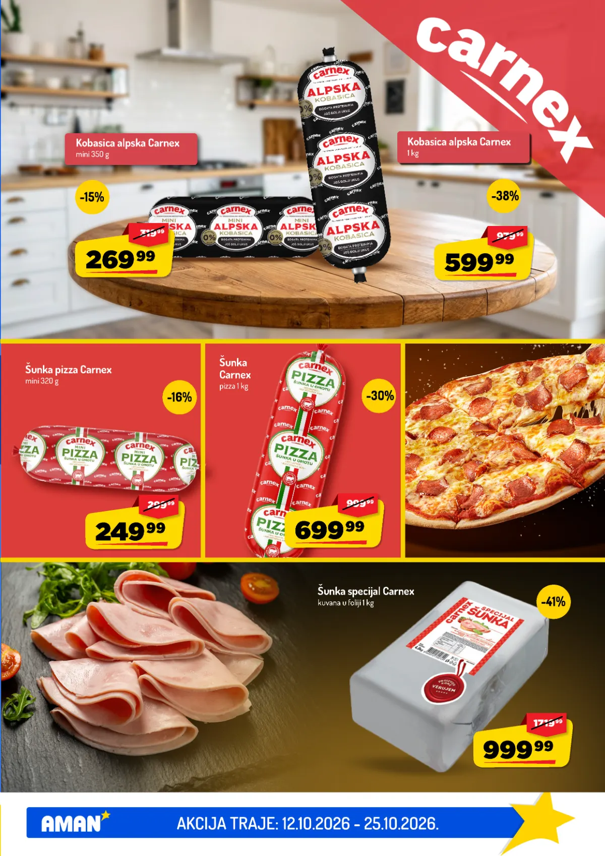 AMAN katalog do 25.10.2026. – Carnex popusti do 41% AMAN katalog, strana 5 – Carnex alpska kobasica, pizza šunka i specijal kuvana šunka
