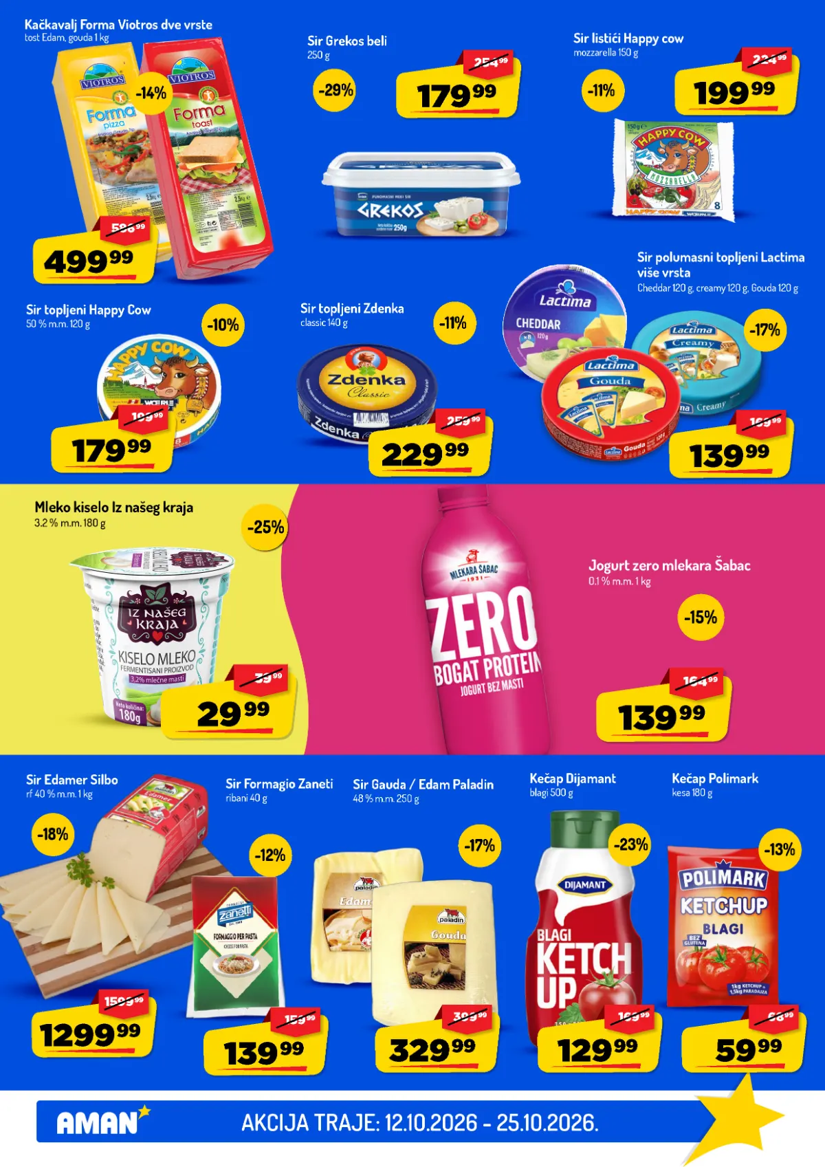 AMAN katalog do 25.10.2026. – sirevi i namazi AMAN katalog, strana 13 – Grekos, Happy Cow, Zdenka i Lactima sirevi, kiselo mleko i kečap