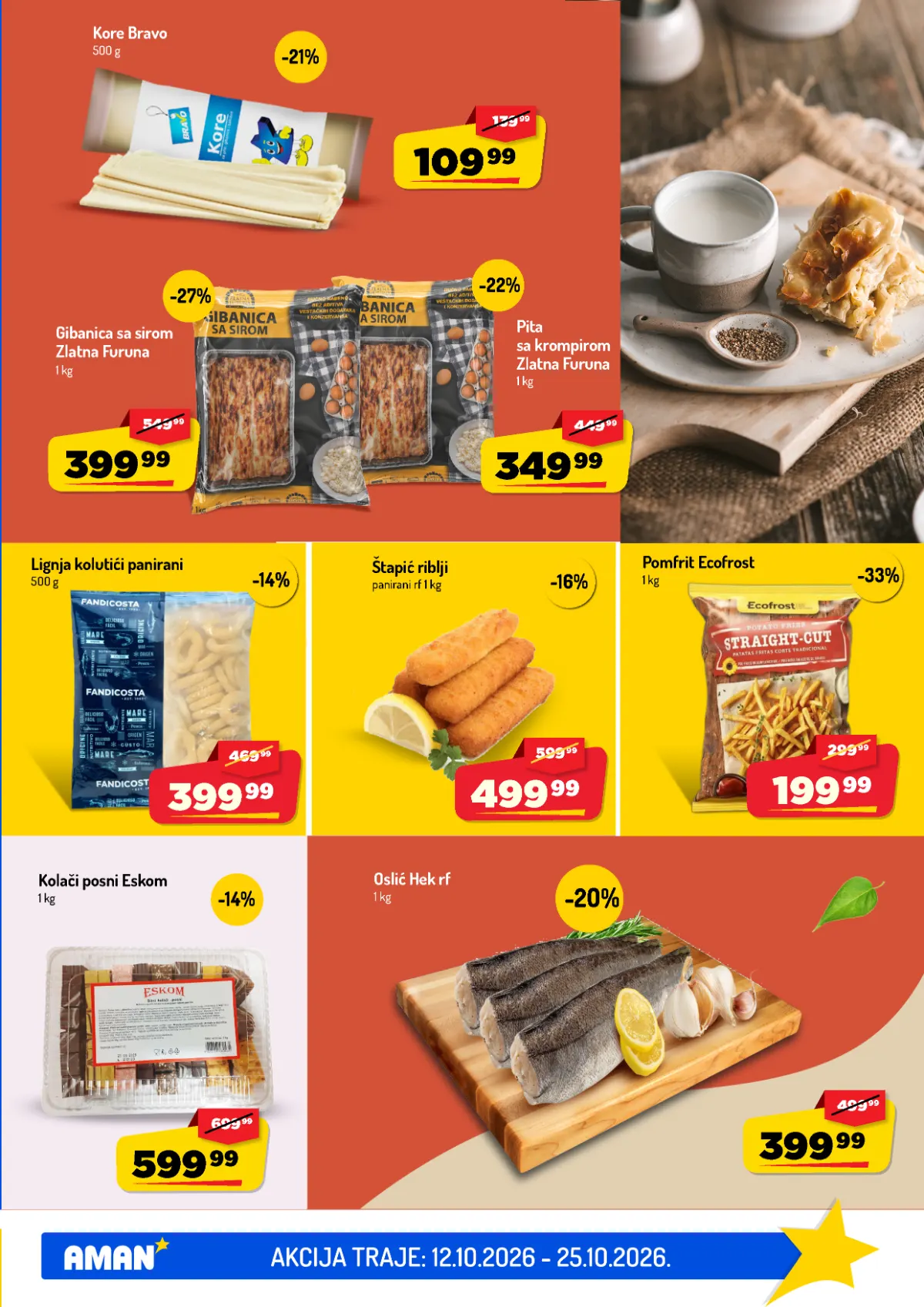 AMAN katalog do 25.10.2026. – pite i zamrznuta riba AMAN katalog, strana 15 – Zlatna Furuna pite, Ecofrost pomfrit, oslić i riblji štapići