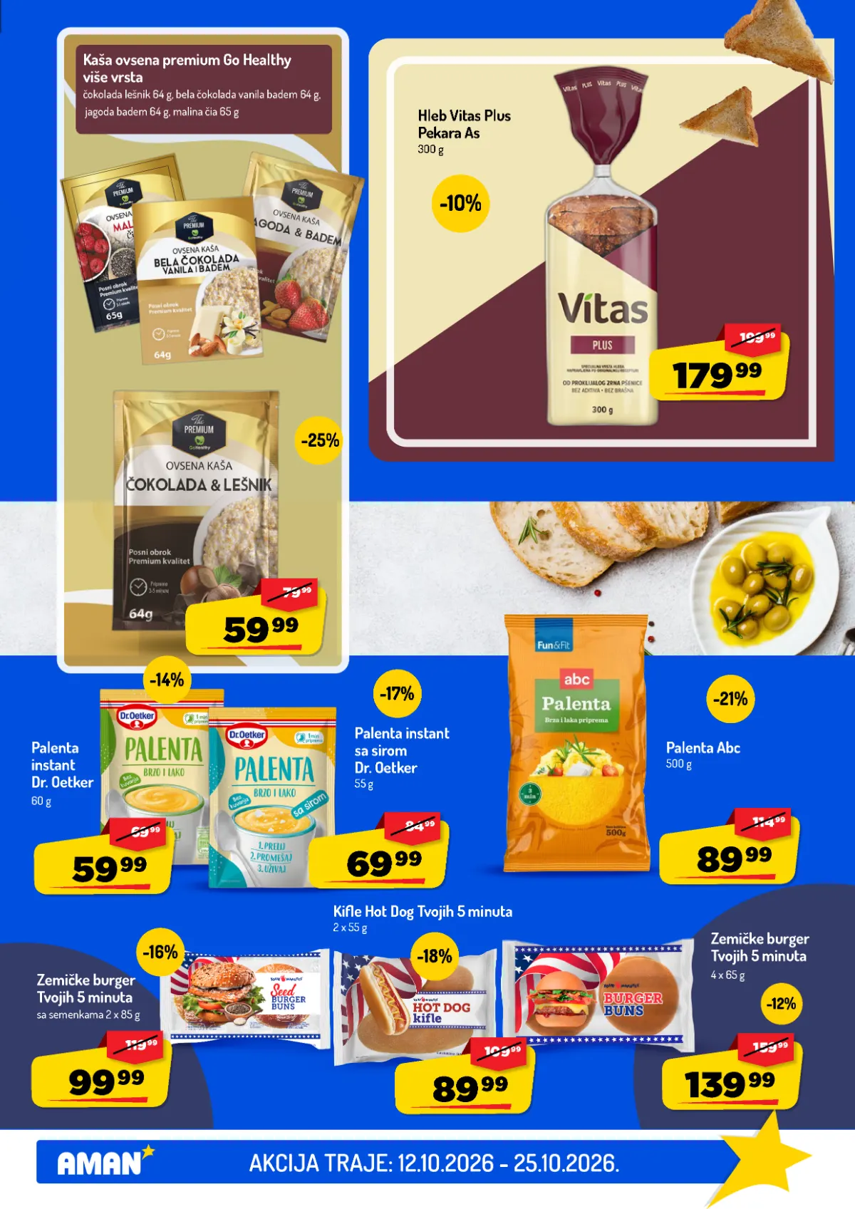 AMAN katalog do 25.10.2026. – kaše, palenta i peciva AMAN katalog, strana 19 – Go Healthy ovsene kaše, Dr. Oetker palenta i Tvojih 5 minuta peciva