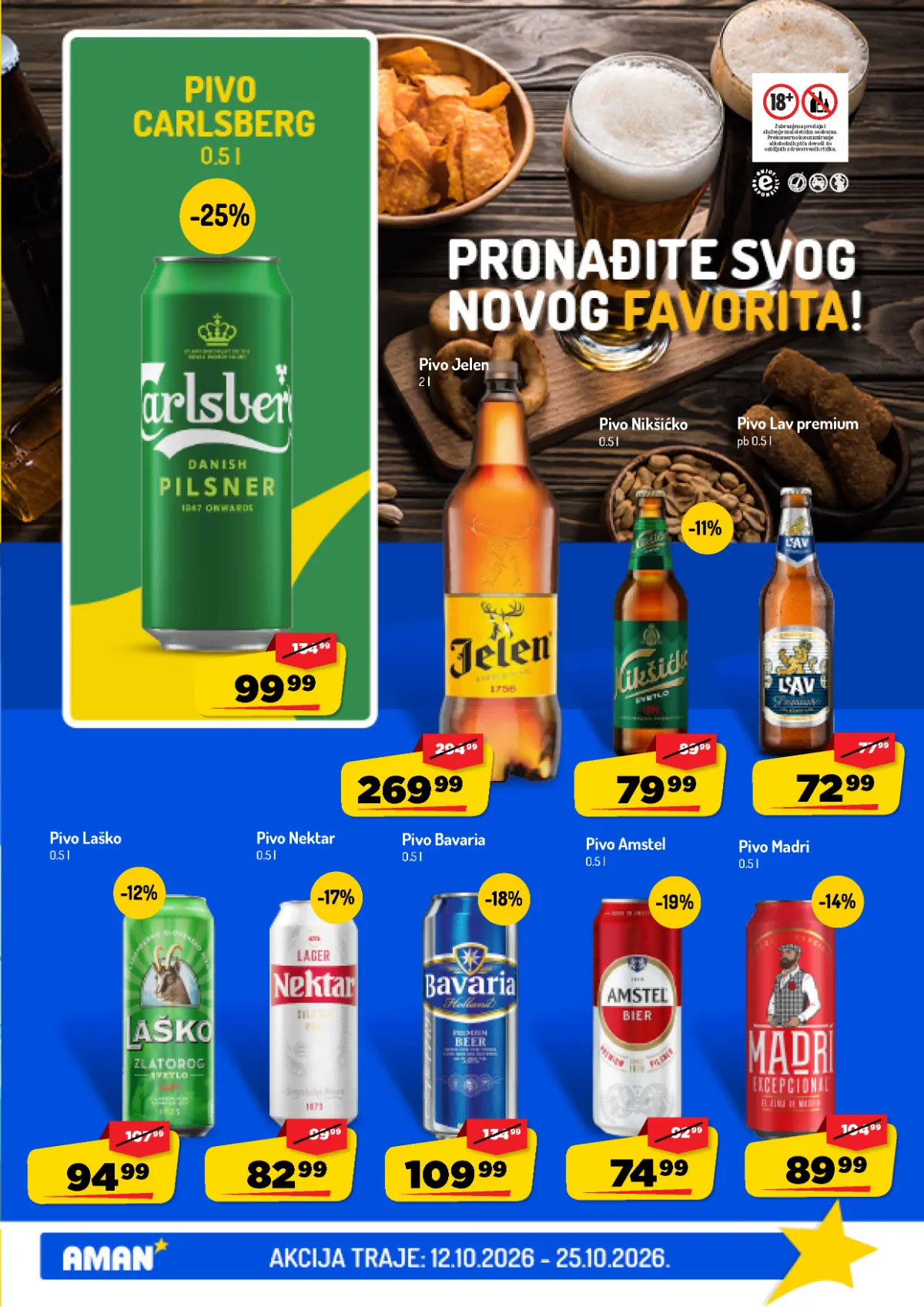 AMAN katalog do 25.10.2026. – ponuda piva AMAN katalog, strana 23 – Jelen, Nikšićko, Lav, Laško, Nektar, Bavaria i Amstel pivo