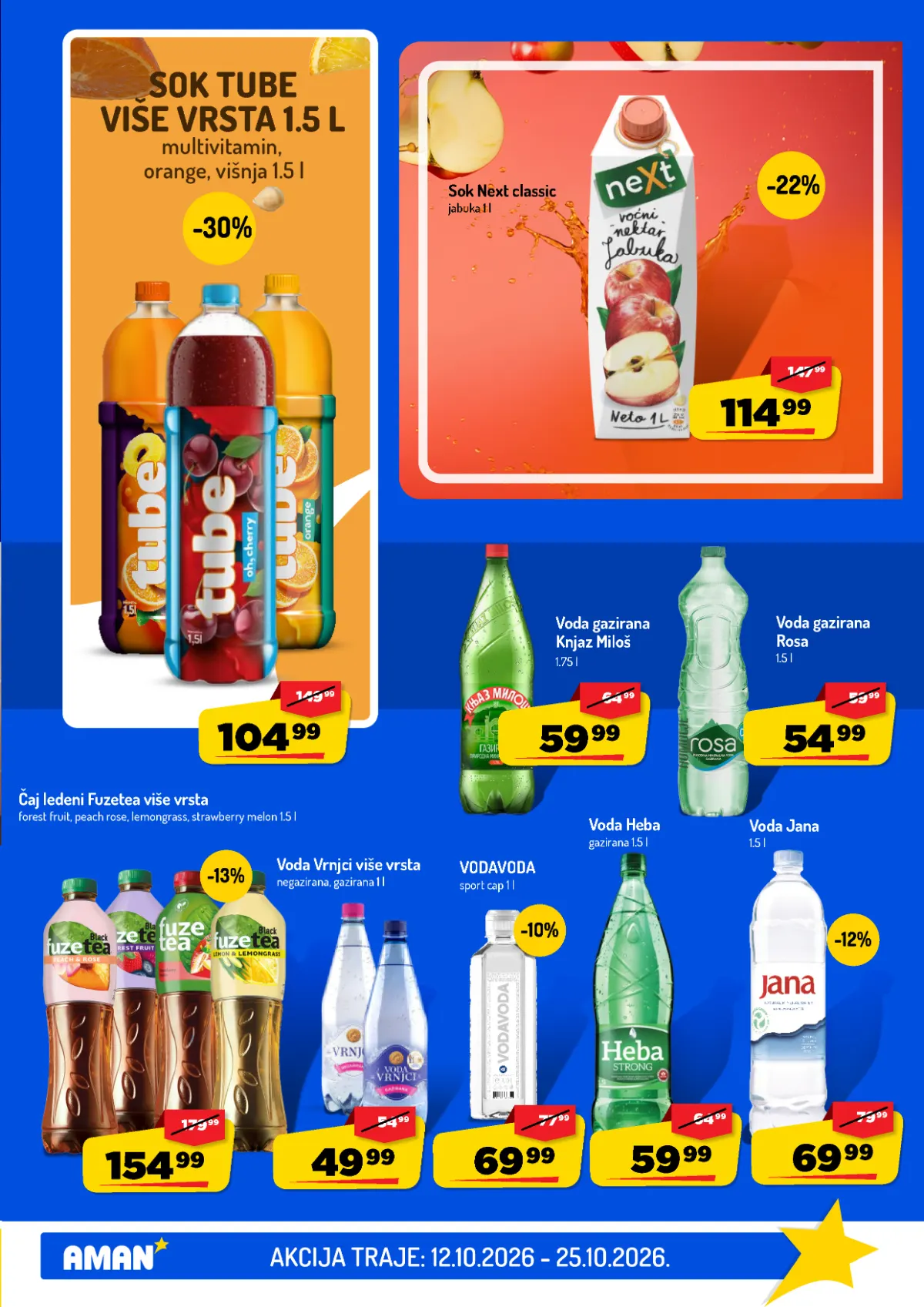 AMAN katalog do 25.10.2026. – sokovi i voda AMAN katalog, strana 25 – Next sok, Fuzetea ledeni čaj, Knjaz Miloš, Rosa, Jana i druge vode