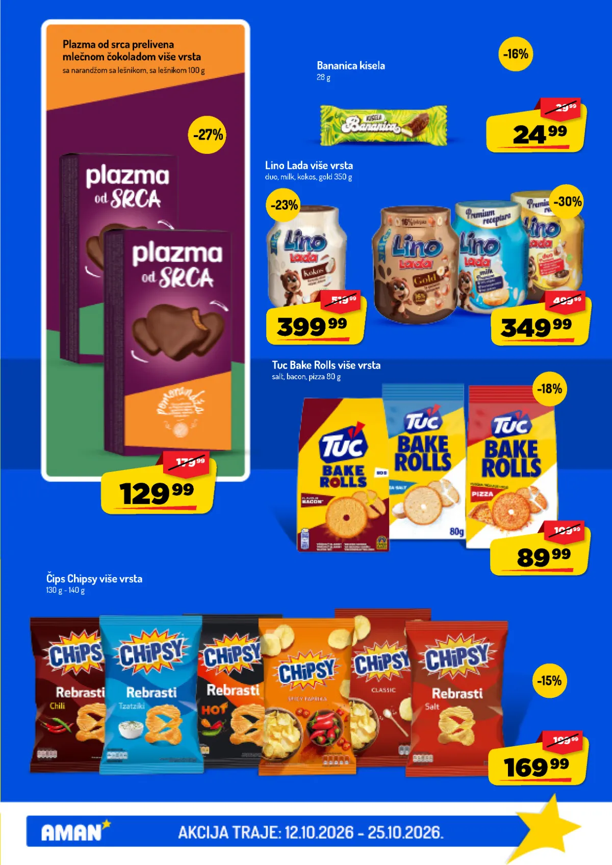 AMAN katalog do 25.10.2026. – kremovi i grickalice AMAN katalog, strana 29 – Lino Lada, Plazma od srca, Tuc Bake Rolls i Chipsy