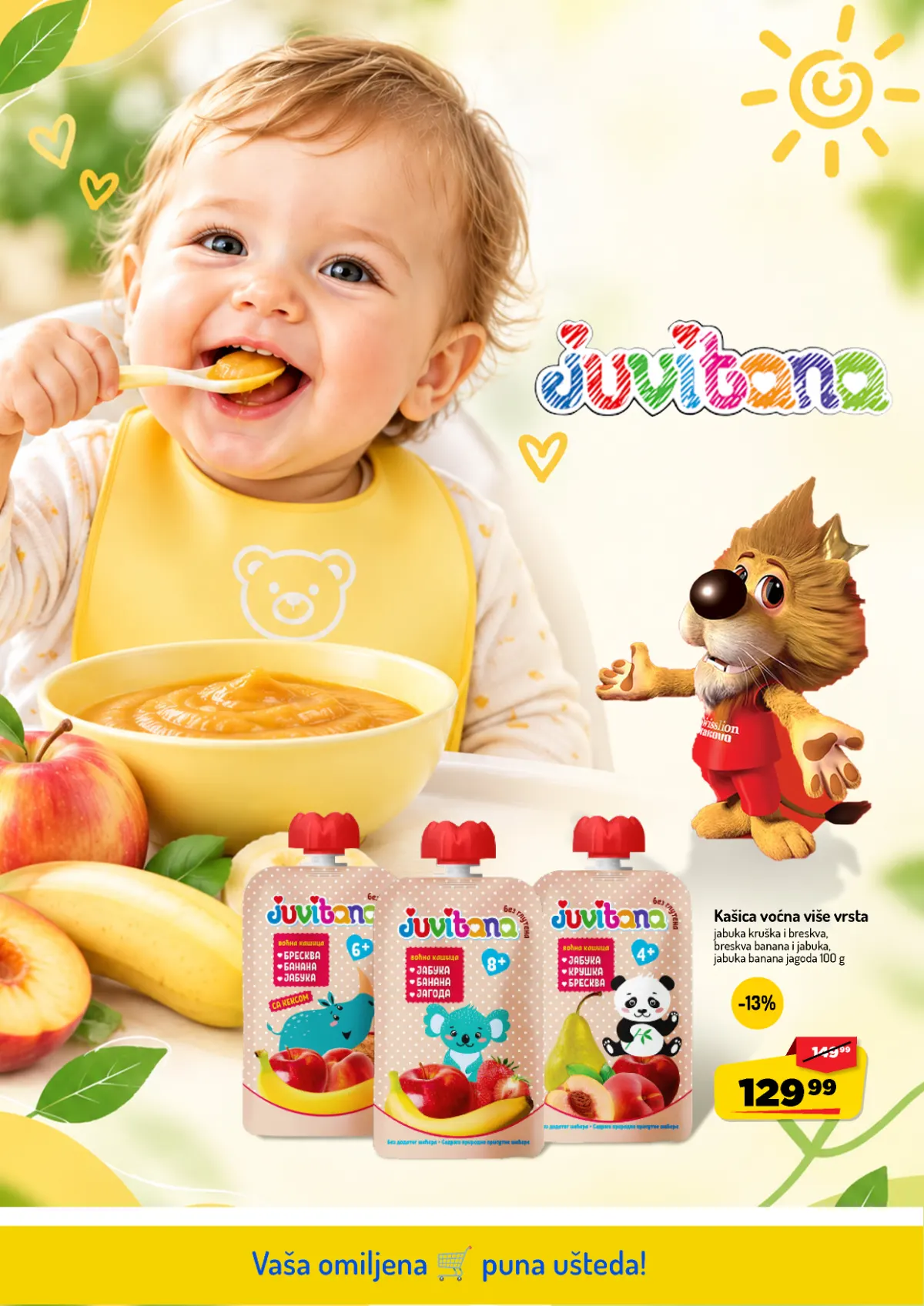 AMAN katalog do 25.10.2026. – Juvitana kašice, popust 13% AMAN katalog, strana 34 – Juvitana voćne kašice 100 g po 129,99 dinara