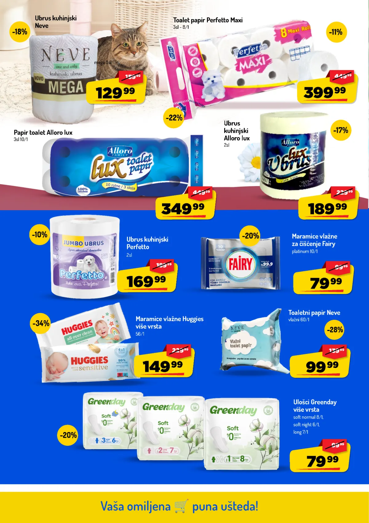 AMAN katalog do 25.10.2026. – papir i vlažne maramice AMAN katalog, strana 38 – Neve, Alloro i Perfetto papirna galanterija, Huggies maramice i Greenday ulošci
