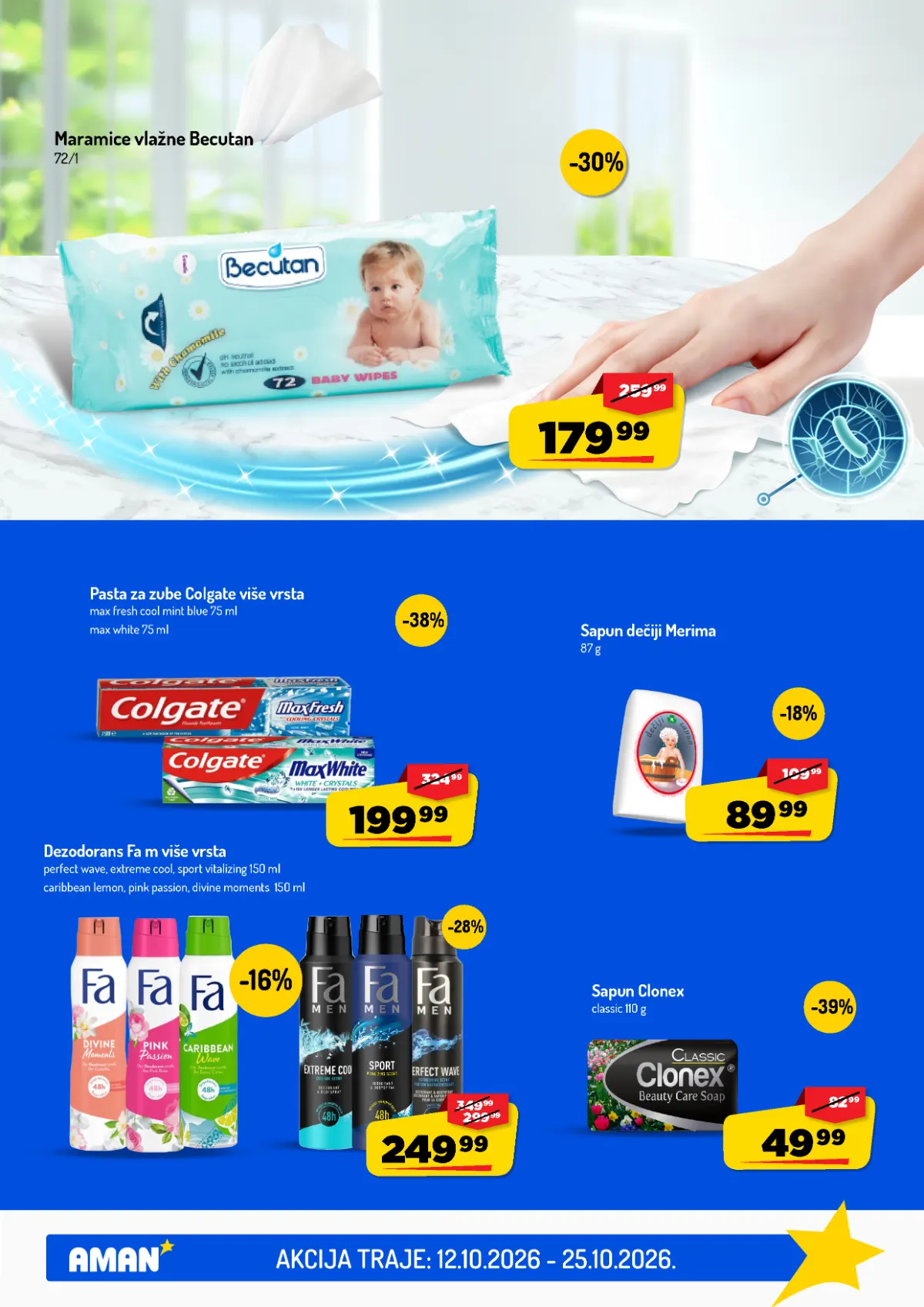 AMAN katalog do 25.10.2026. – lična higijena AMAN katalog, strana 39 – Becutan maramice, Colgate pasta za zube, Fa dezodoransi i sapuni
