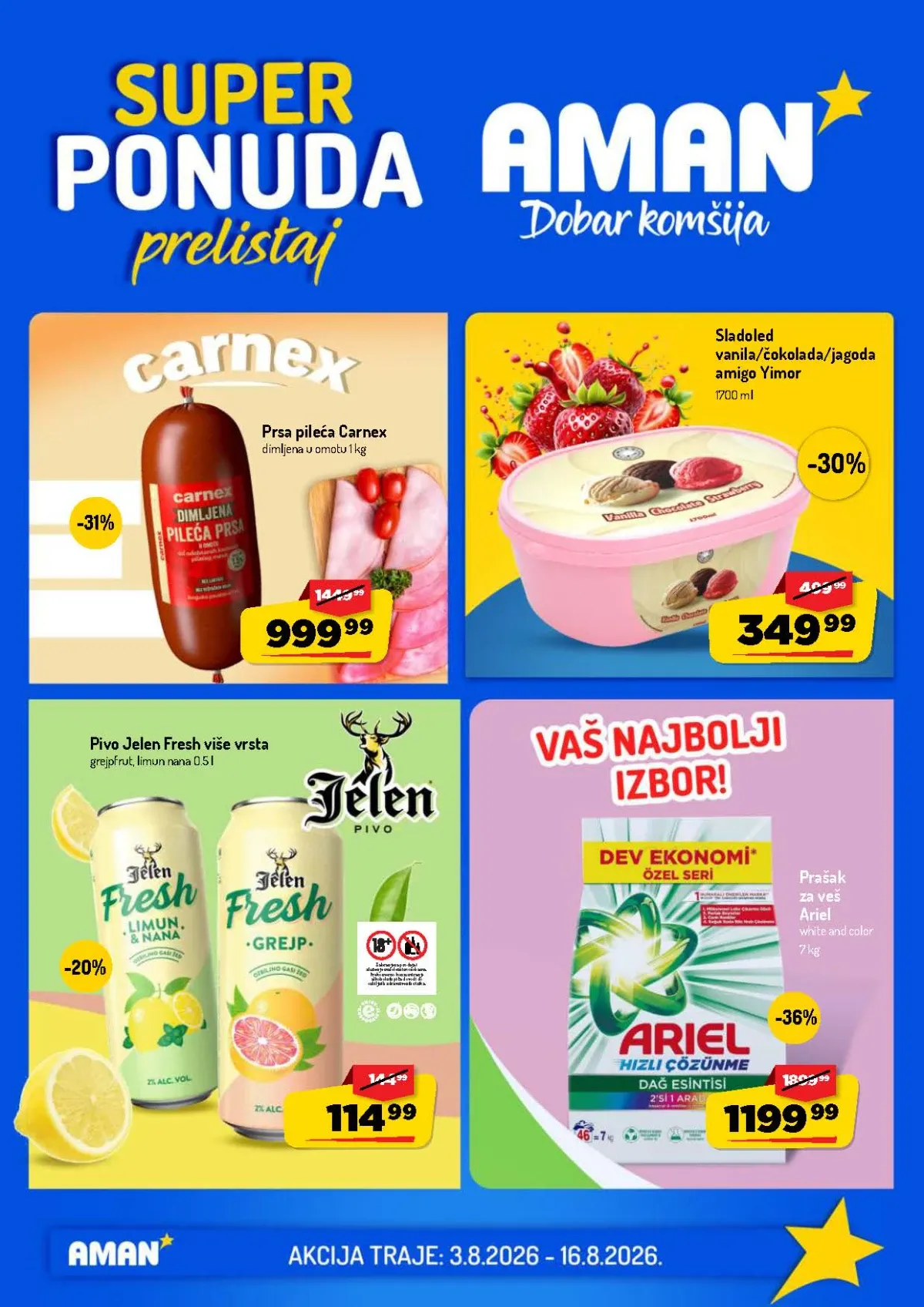 AMAN novi katalog sniženja do 16.08.2026. – popusti do 36% na prehranu, meso, sladolede, piće i kućnu hemiju.