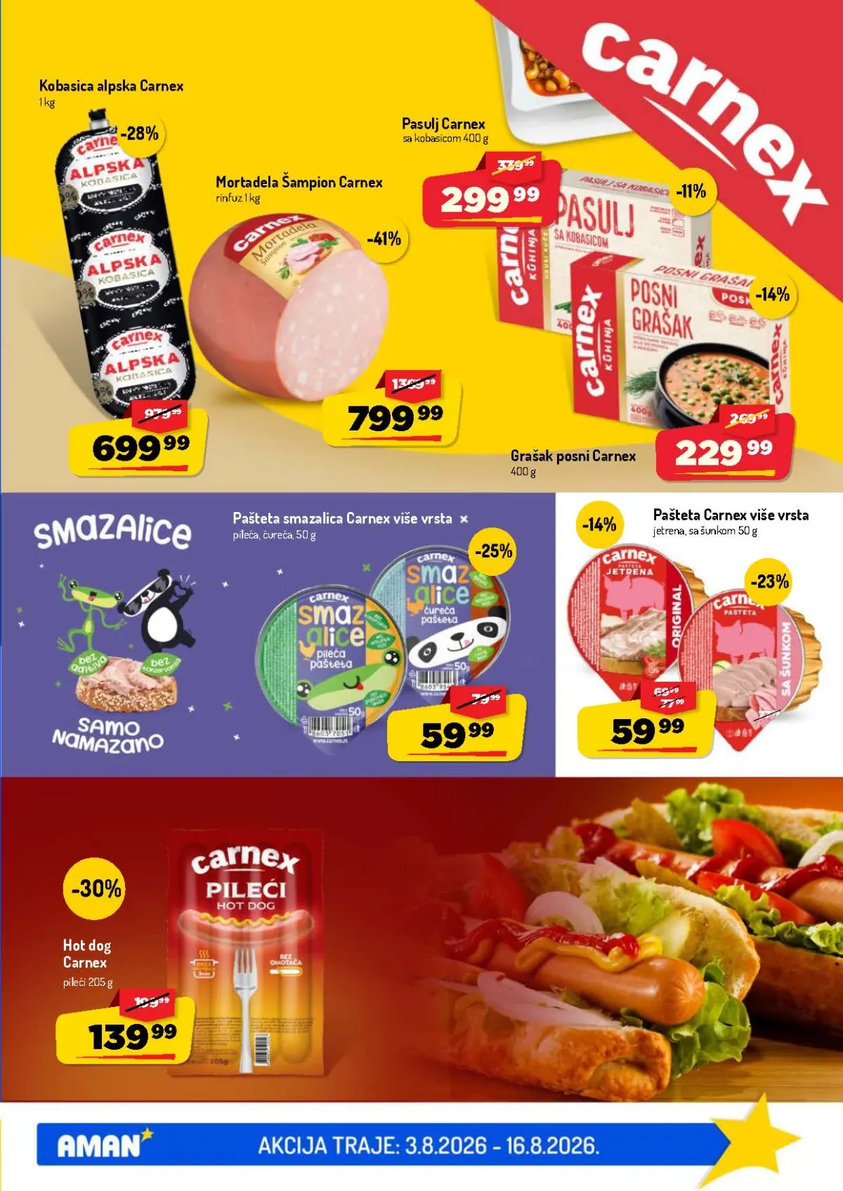 AMAN katalog do 16.08.2026. – Carnex mortadela, kobasice, paštete, pasulj i grašak na akciji
