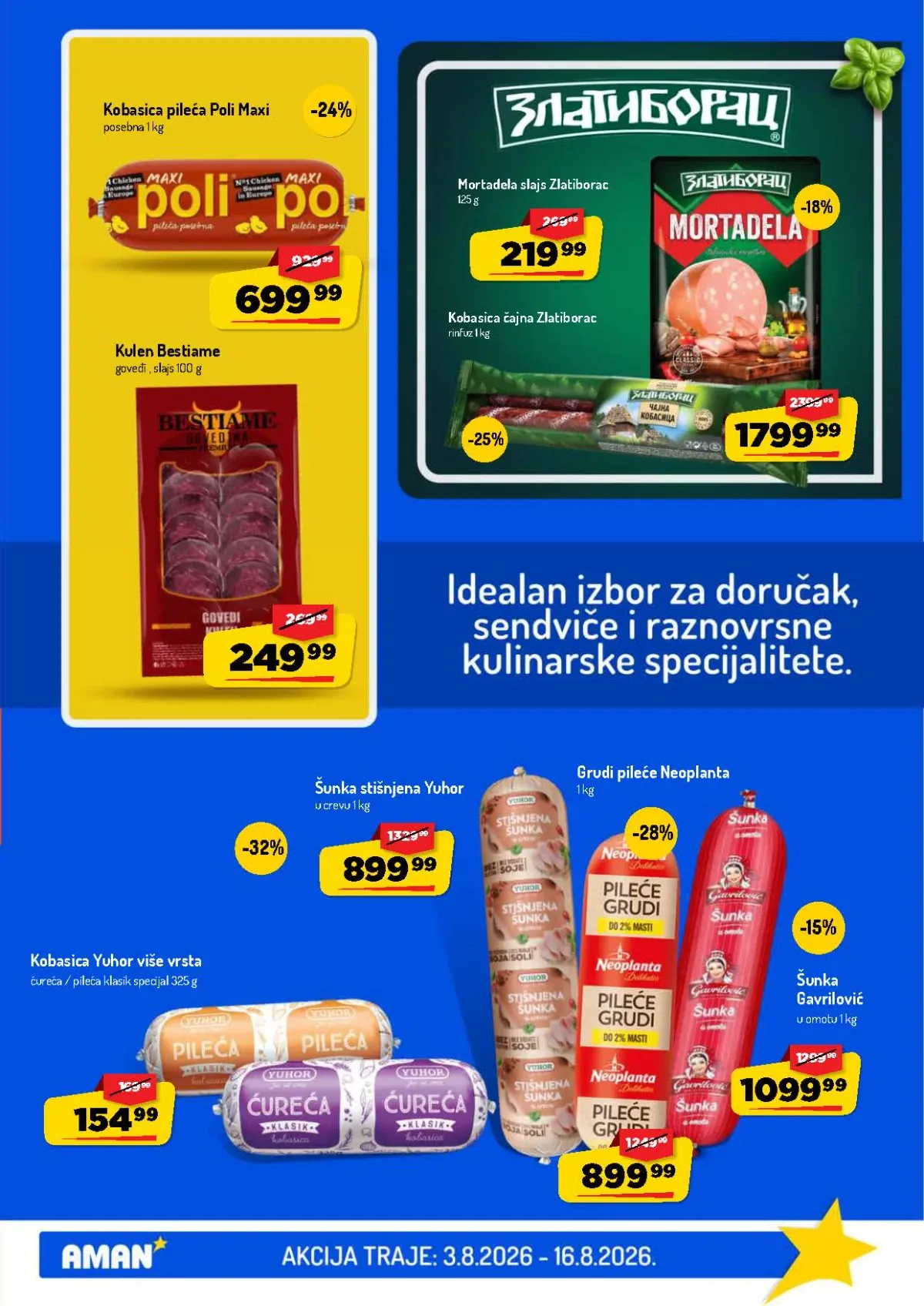AMAN katalog do 16.08.2026. – Yuhor šunka, Neoplanta pileće grudi, Poli kobasica i Zlatiborac proizvodi