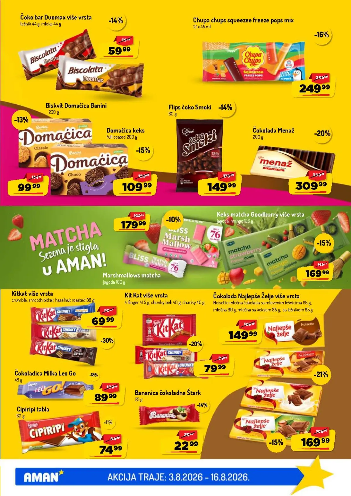 AMAN katalog do 16.08.2026. – Milka, KitKat, Najlepše Želje, Cipiripi i čokoladice na akciji