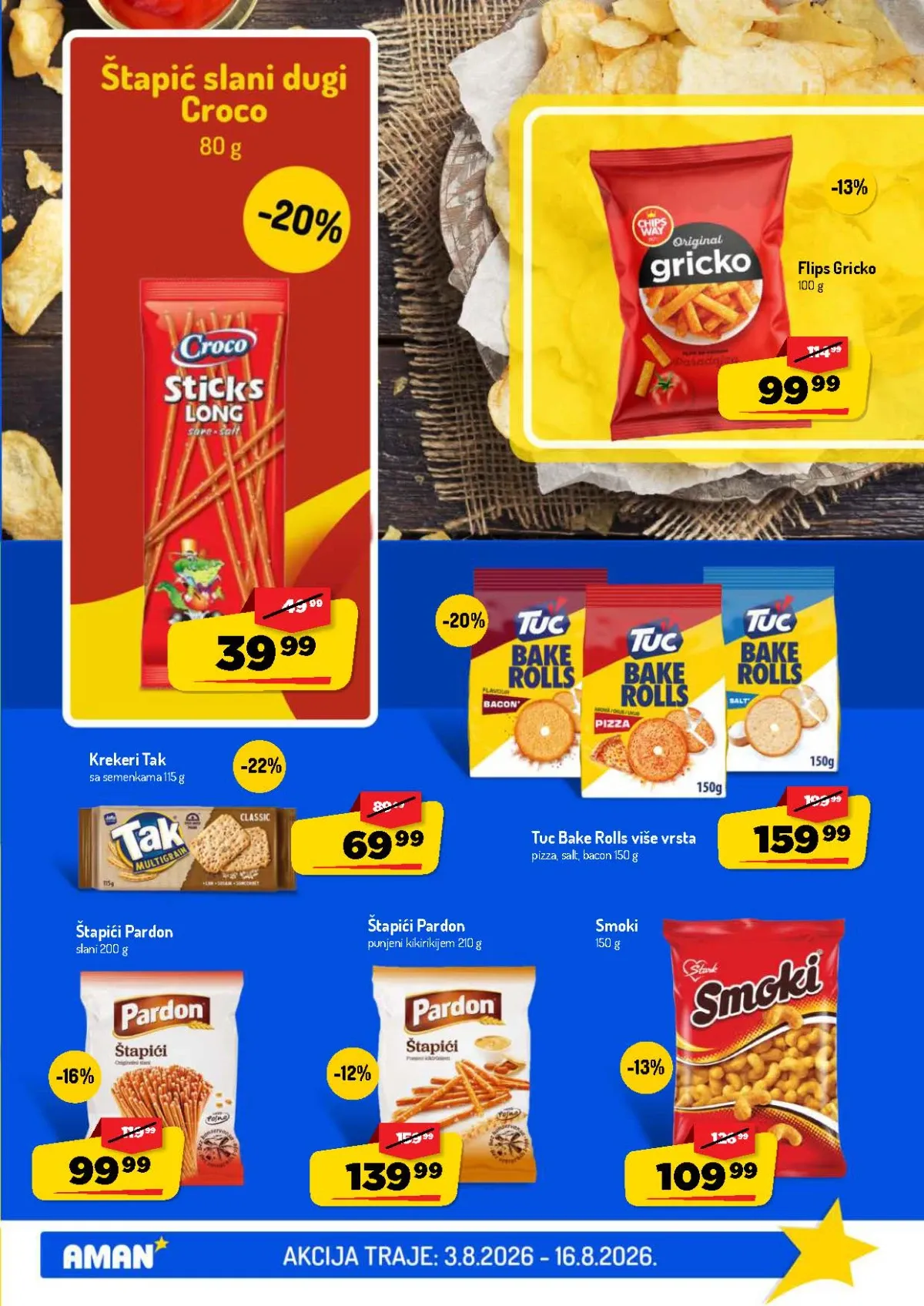 AMAN katalog do 16.08.2026. – Smoki, Tuc Bake Rolls, Pardon štapići i flips na akciji