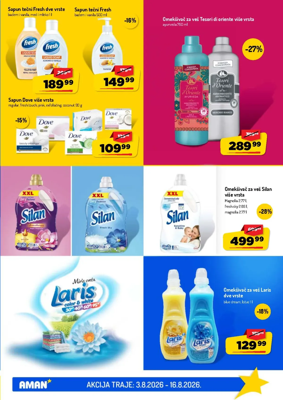 AMAN katalog do 16.08.2026. – Silan, Tesori d'Oriente, Dove i Fresh proizvodi na akciji