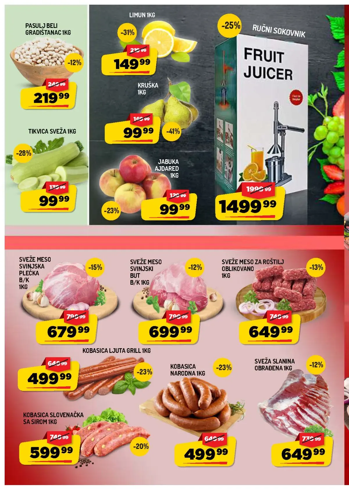 AMAN katalog strana 2 – voće, povrće, sveže meso i kobasice na akciji