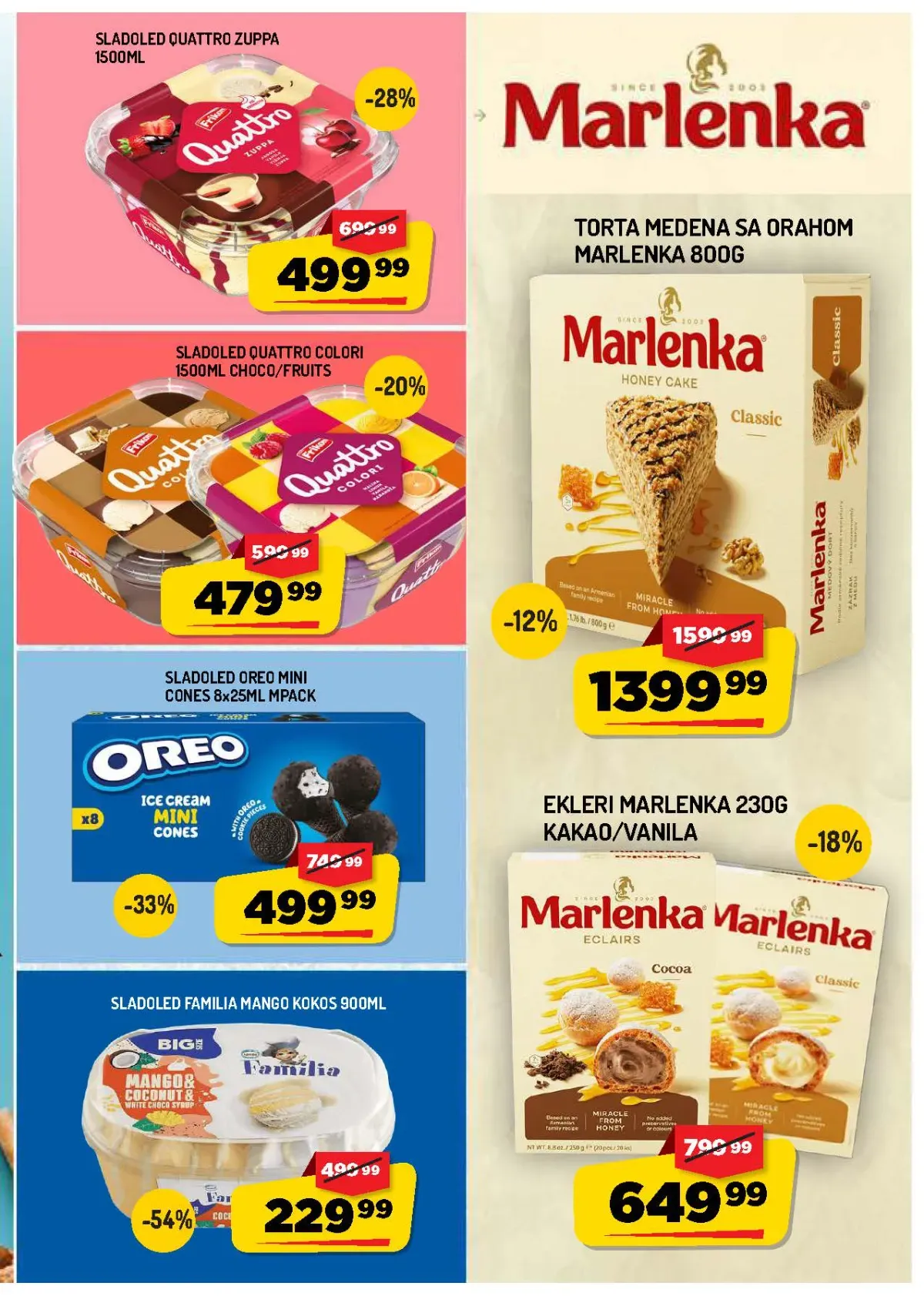 AMAN katalog strana 5 – Quattro i Oreo sladoledi, Marlenka torta i ekleri